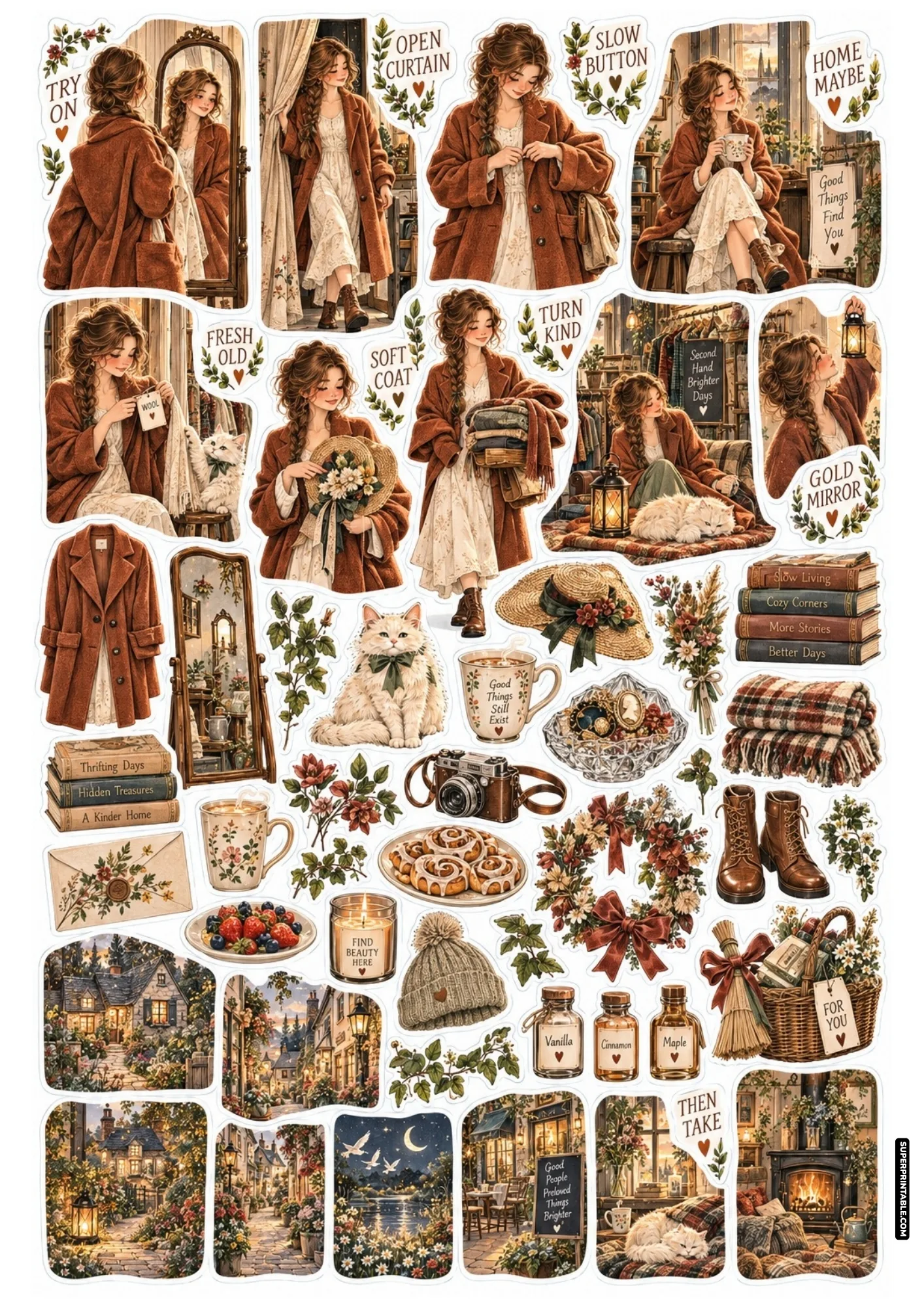 Illustrated stickers of a girl trying on a vintage wool coat in a full-length dressing room mirror.