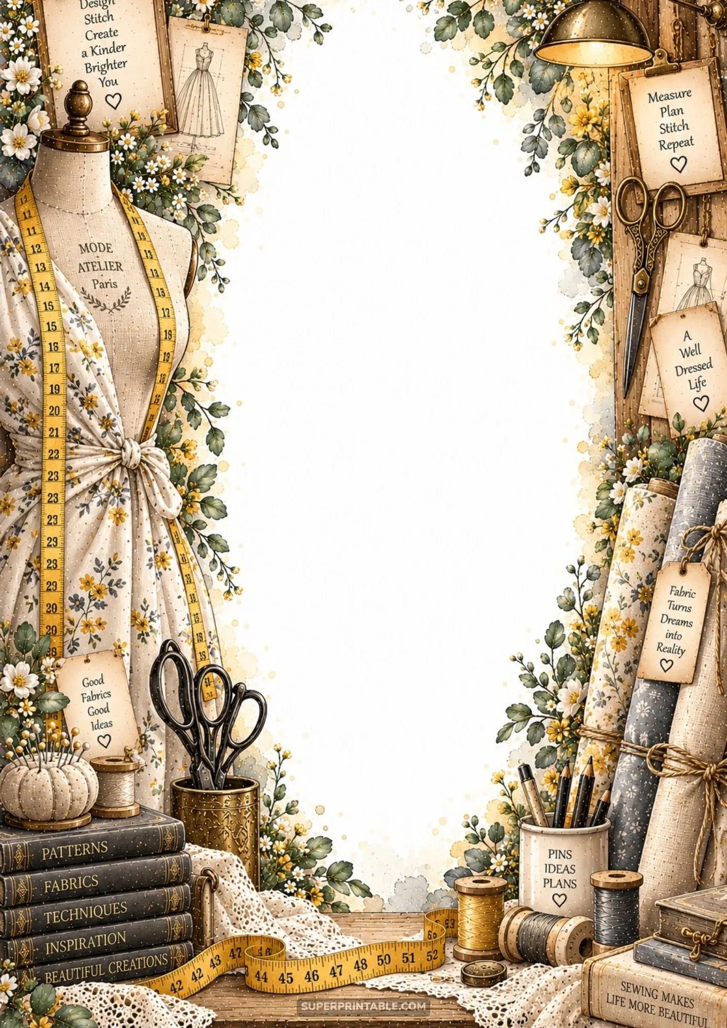 Couture dressmaker mannequin border page adorned with floral drapery fabric, yellow tape measure, and scissors.