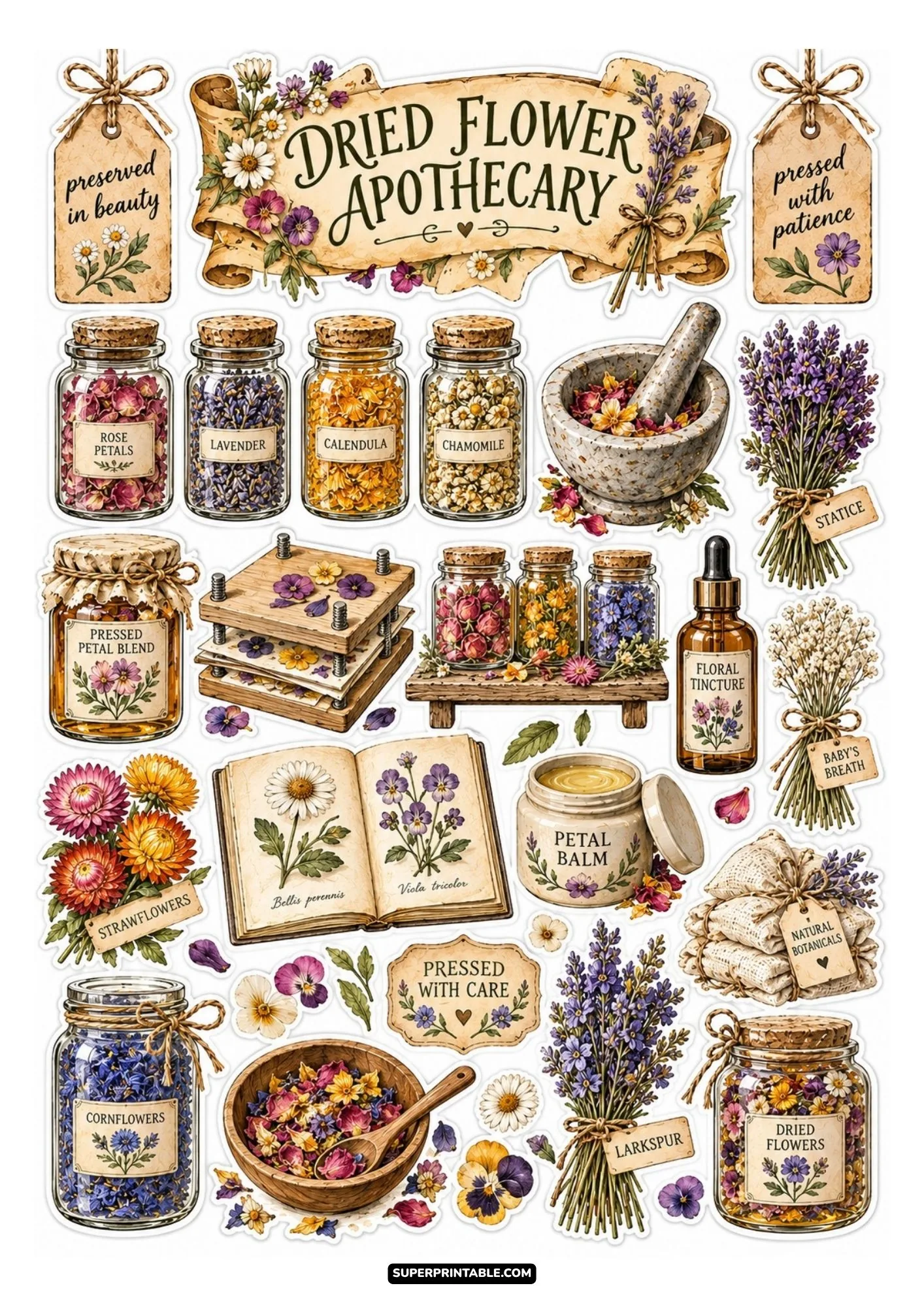 Dried flower apothecary stickers with pressed blossoms, petal jars, and flower press.