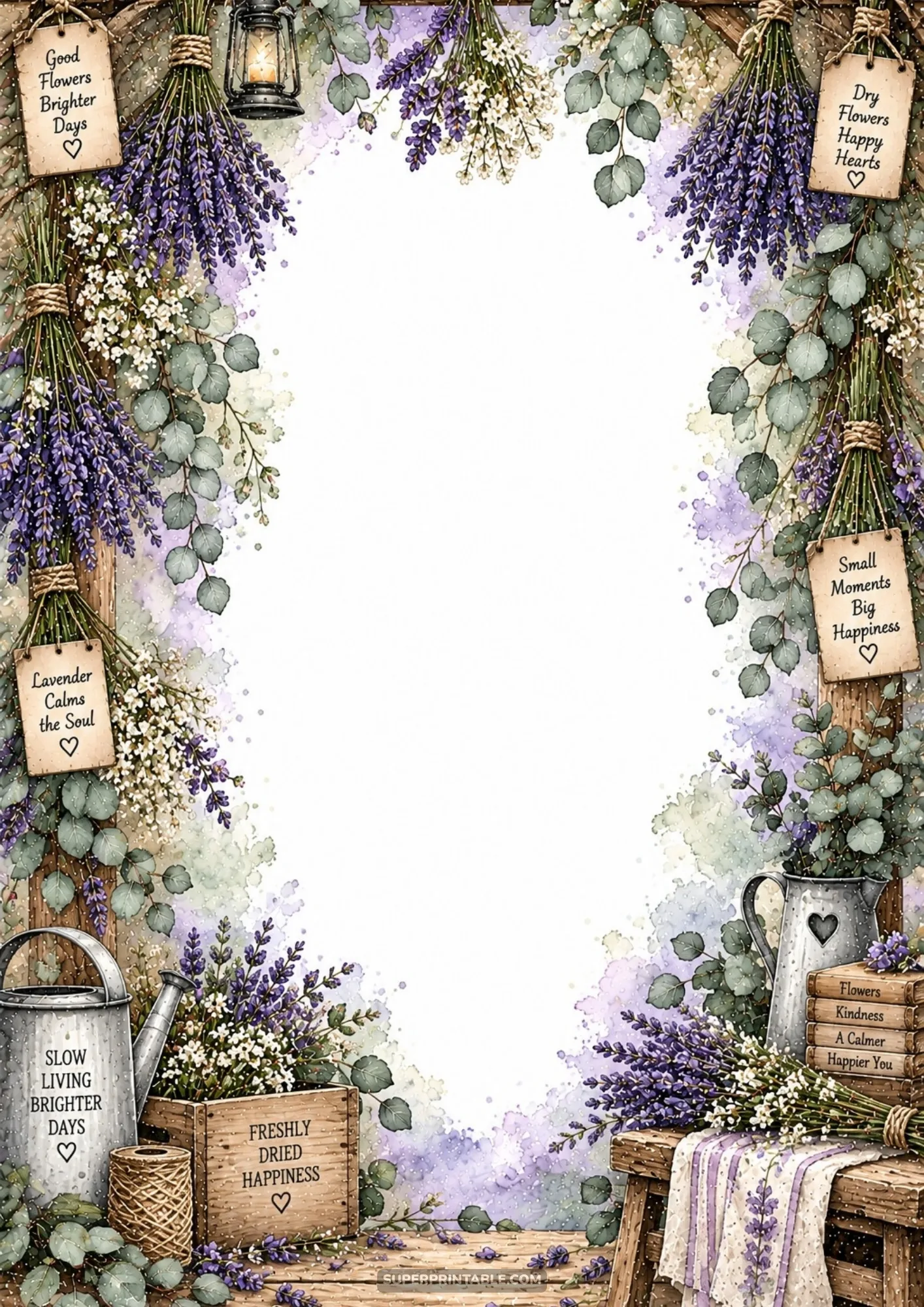 Bundles of dried purple lavender and silvery eucalyptus hanging from rustic wooden garden beams