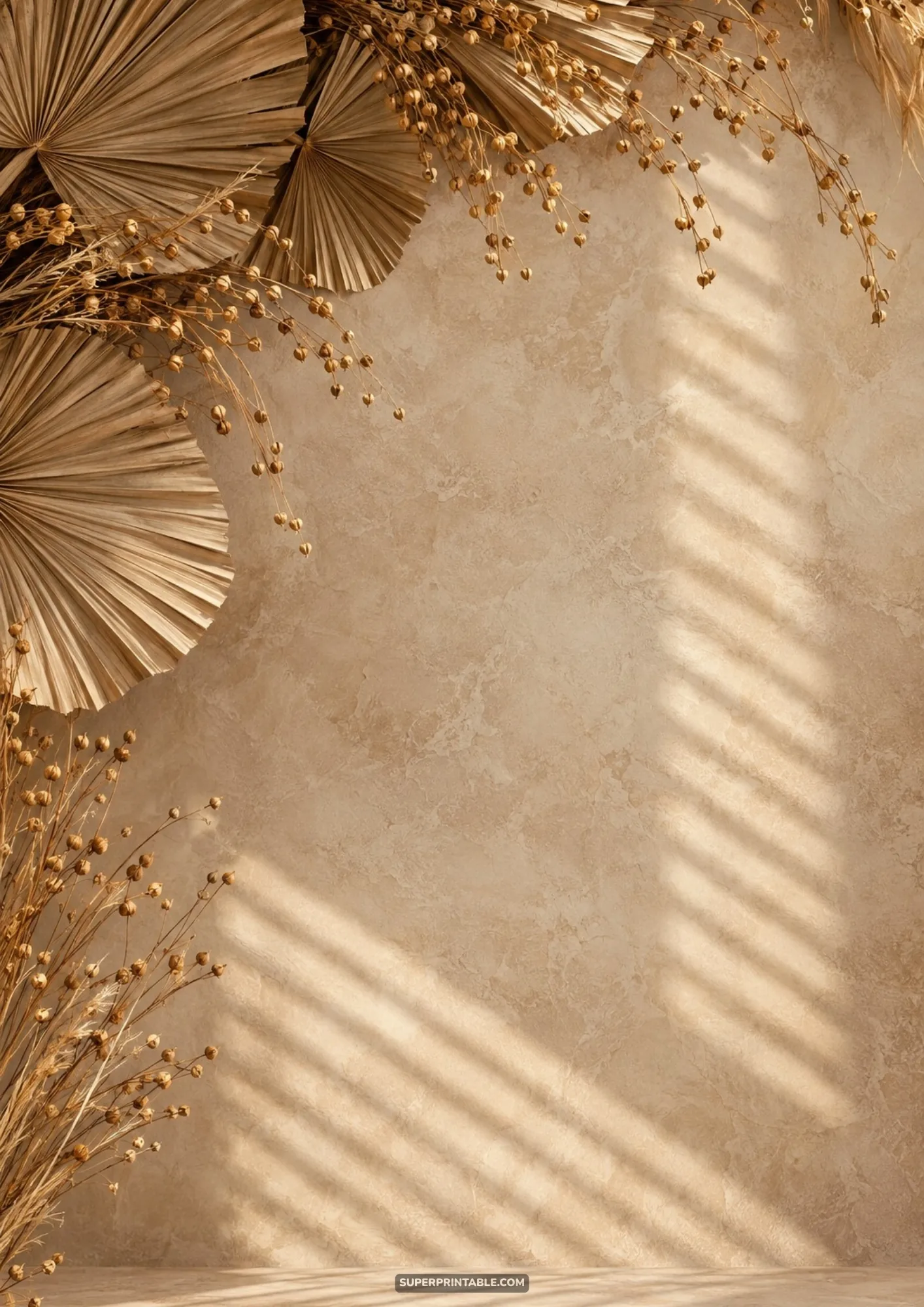 Dried palm fans, seed pods, and sunlight shadows frame warm beige plaster boho chic backgrounds.