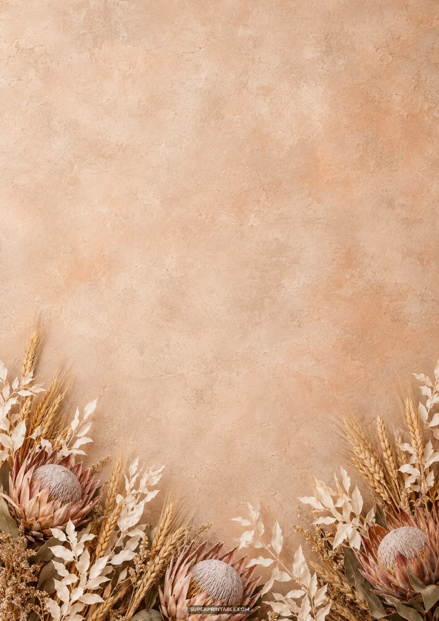 King protea blooms and golden dried wheat stems arrange along the bottom border of a stucco surface.