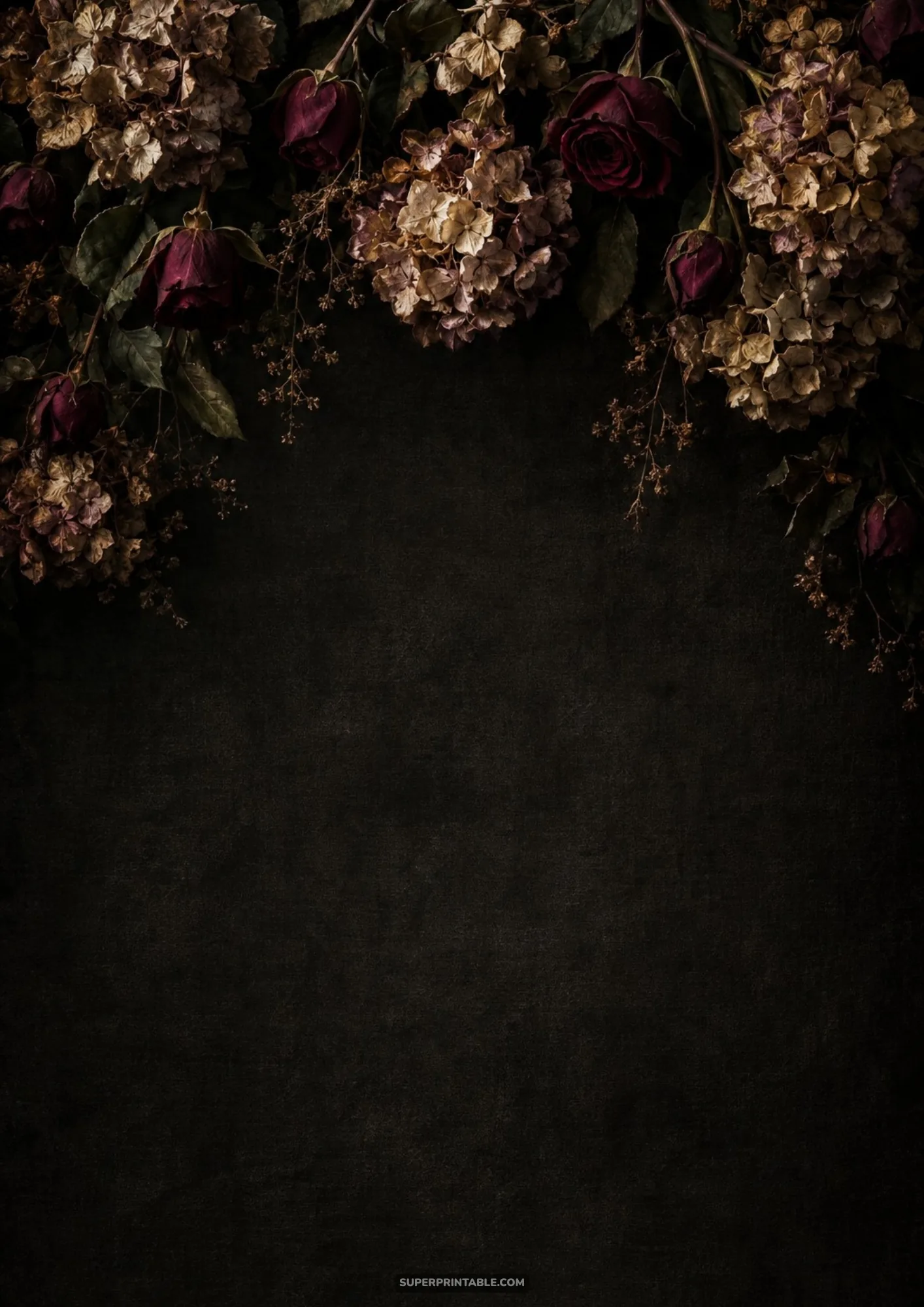 Moody dark floral backgrounds featuring dried burgundy roses and hydrangeas on dark textured canvas