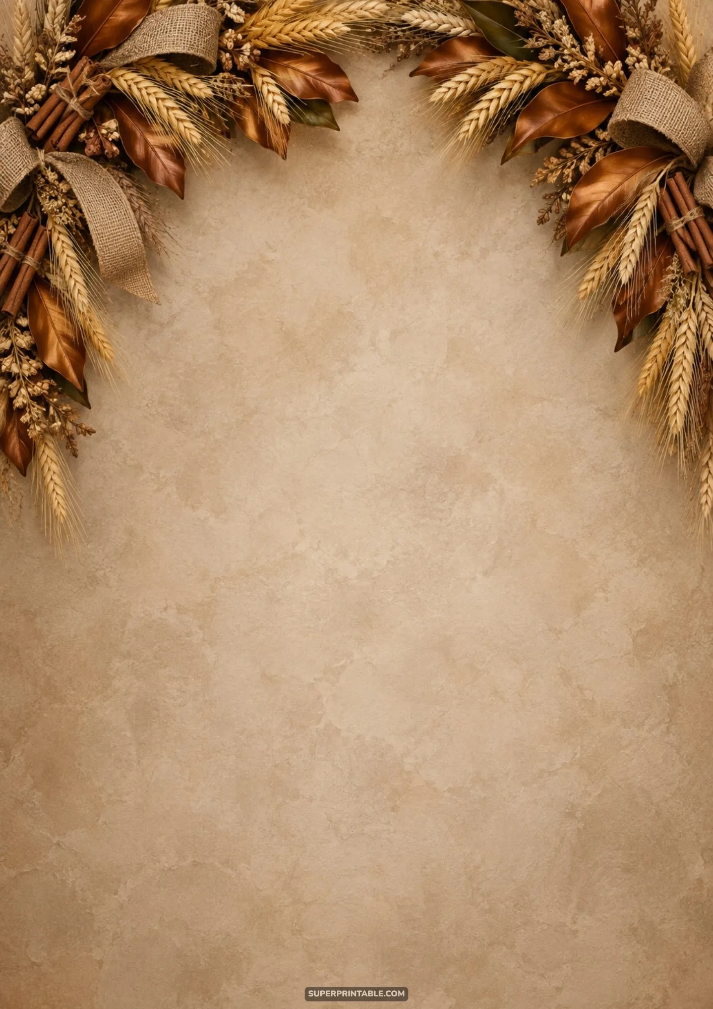 Arch of dried golden wheat stalks, bronze magnolia foliage, and burlap bows over a beige textured wall