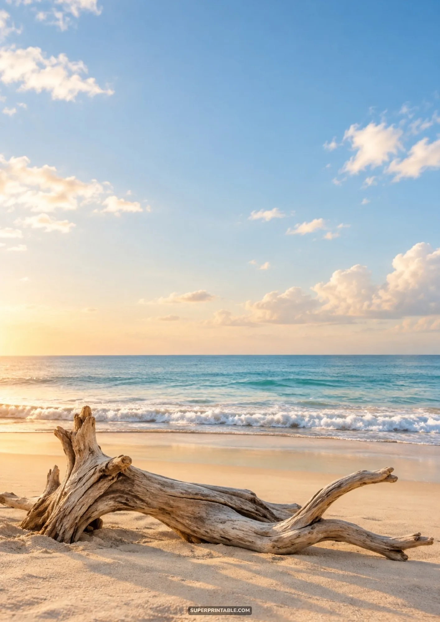 Weathered driftwood branch on sunny sandy beach with blue rolling waves