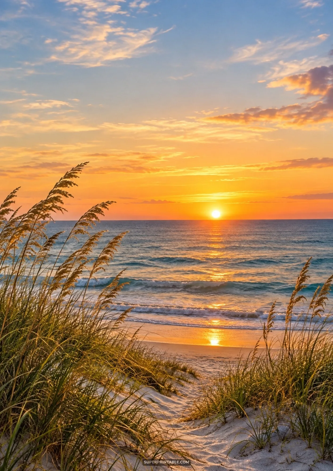 Coastal sand dune path and tall sea oats facing a golden ocean sunset