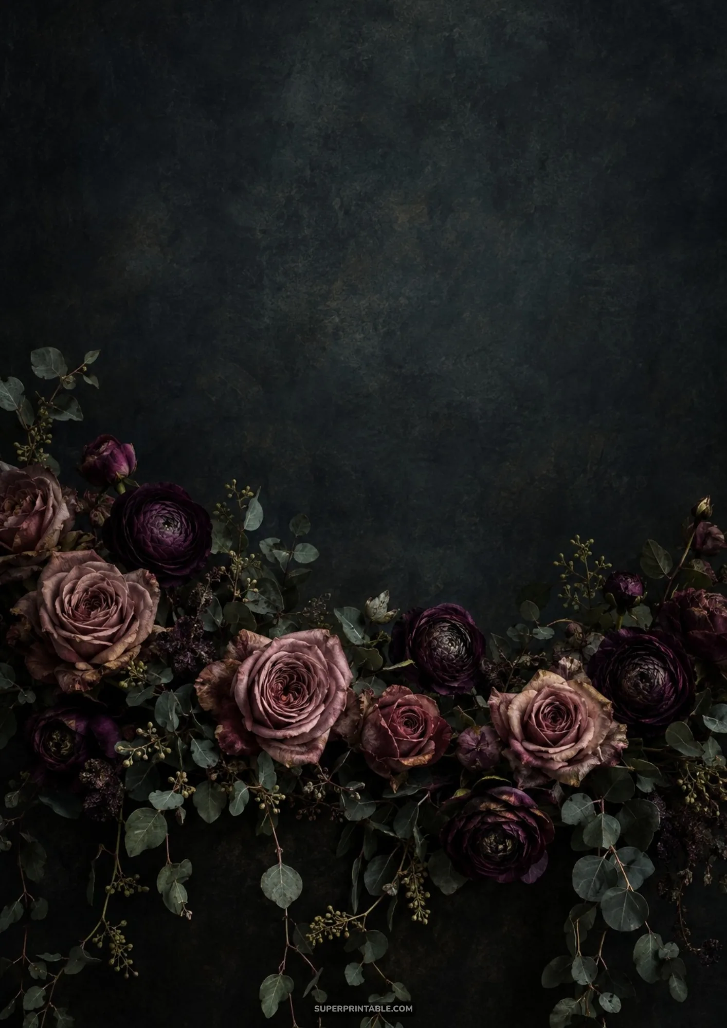 Moody dark floral backgrounds with dusty mauve garden roses and silvery eucalyptus on charcoal slate