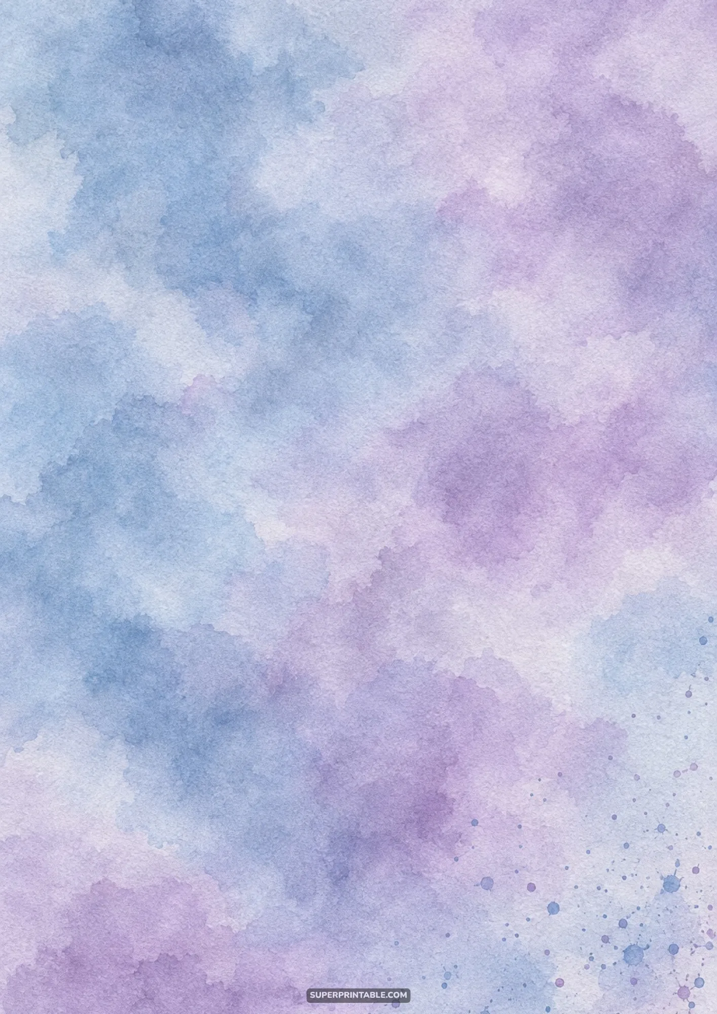 Fine spray splatters accent dusty blue purple watercolor textures in lavender and steel blue.
