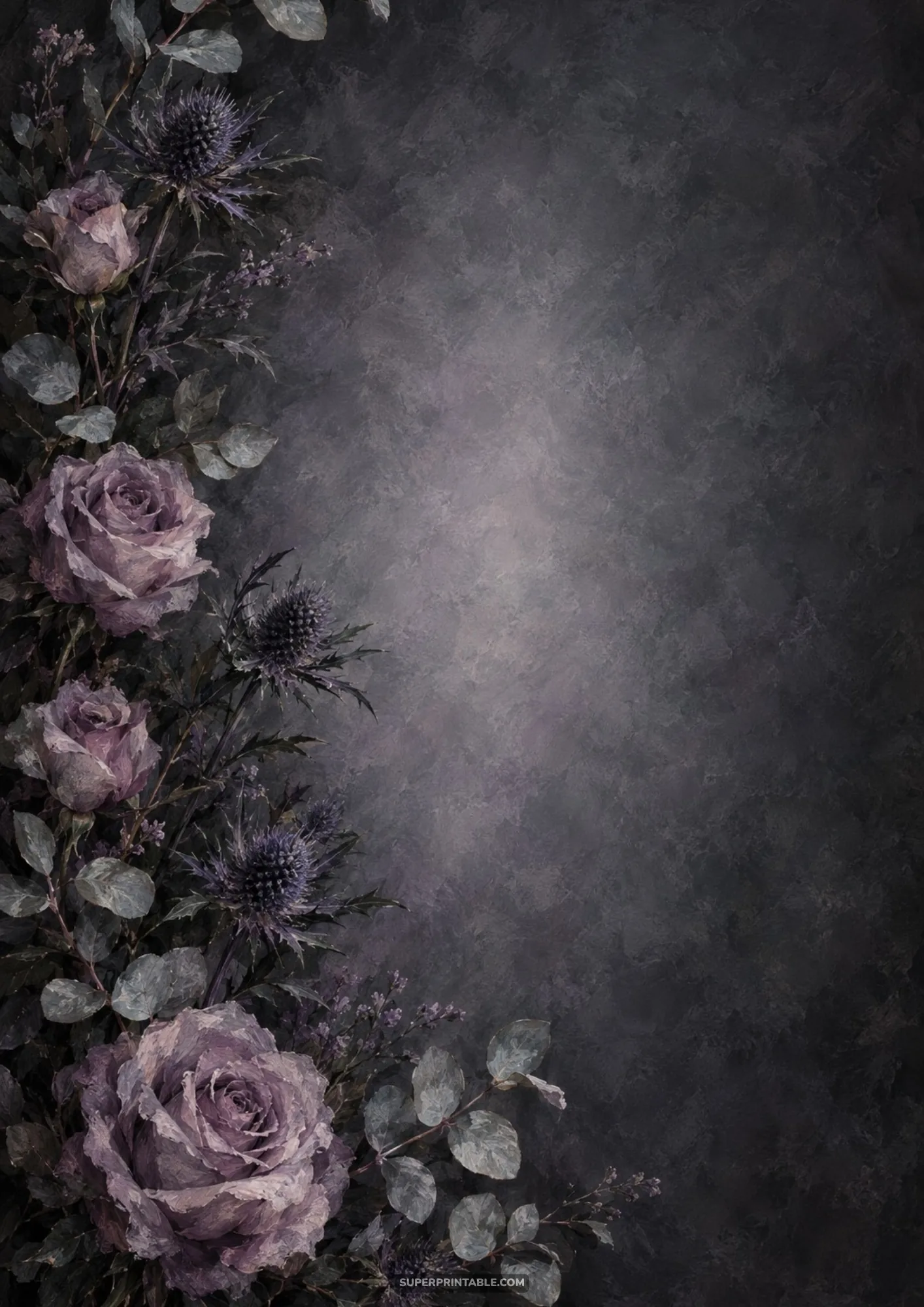 Dusty lavender painted roses and spiky blue sea holly thistles on a dark grey fine art canvas