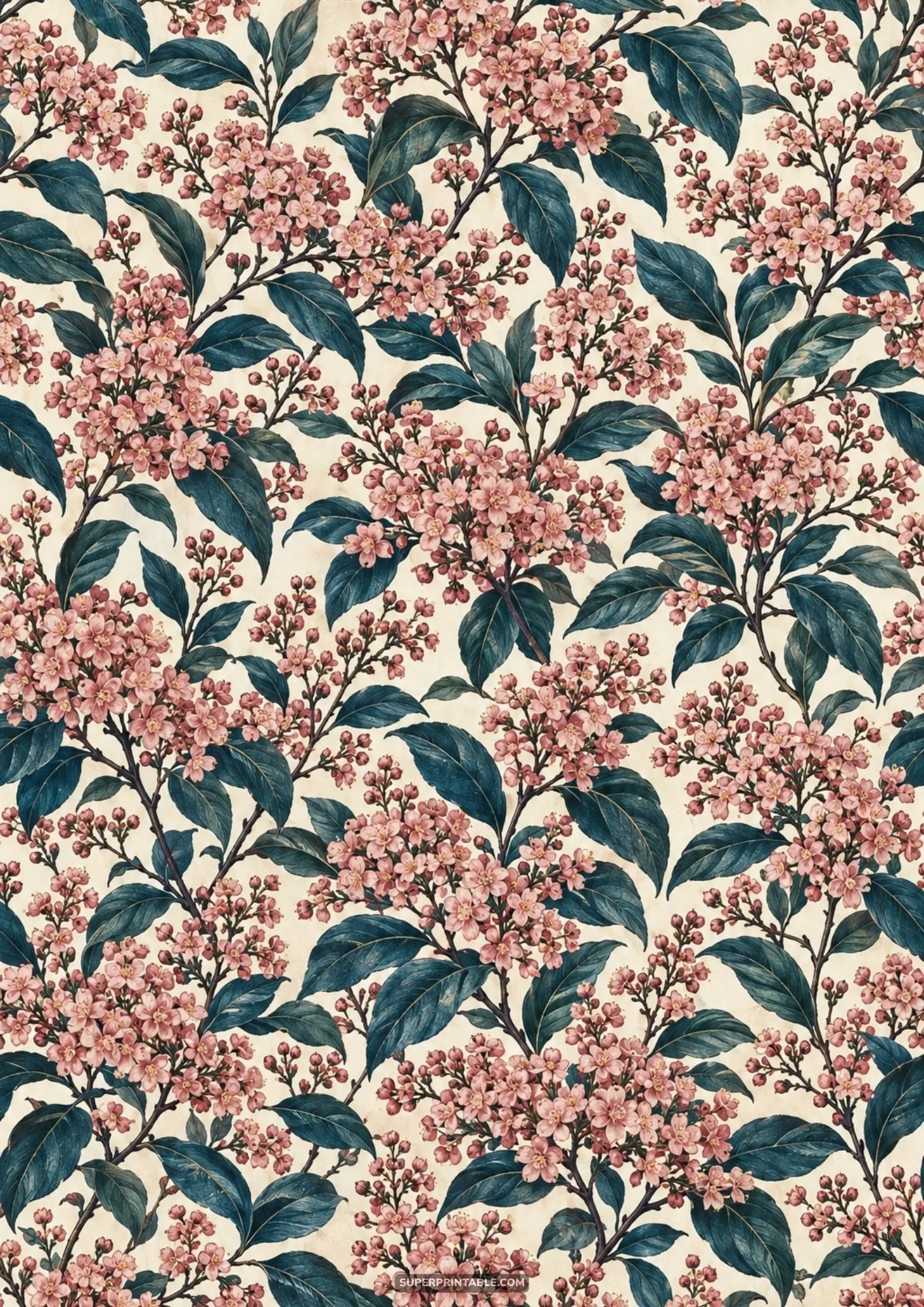Clusters of tiny dusty pink spring florets with deep teal foliage scattered across a cream background