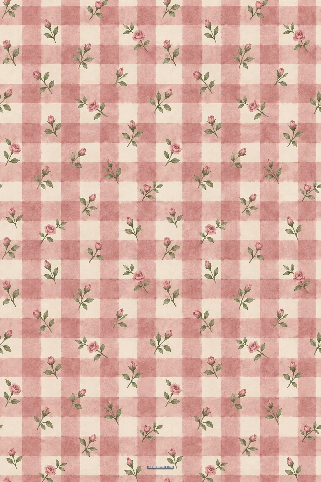 Cozy dusty rose watercolor gingham check pattern decorated with tiny pink rosebuds and green leaf sprigs
