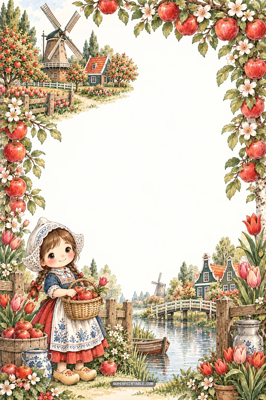 Dutch girl in clogs and lace cap holding apples by a canal windmill scenery