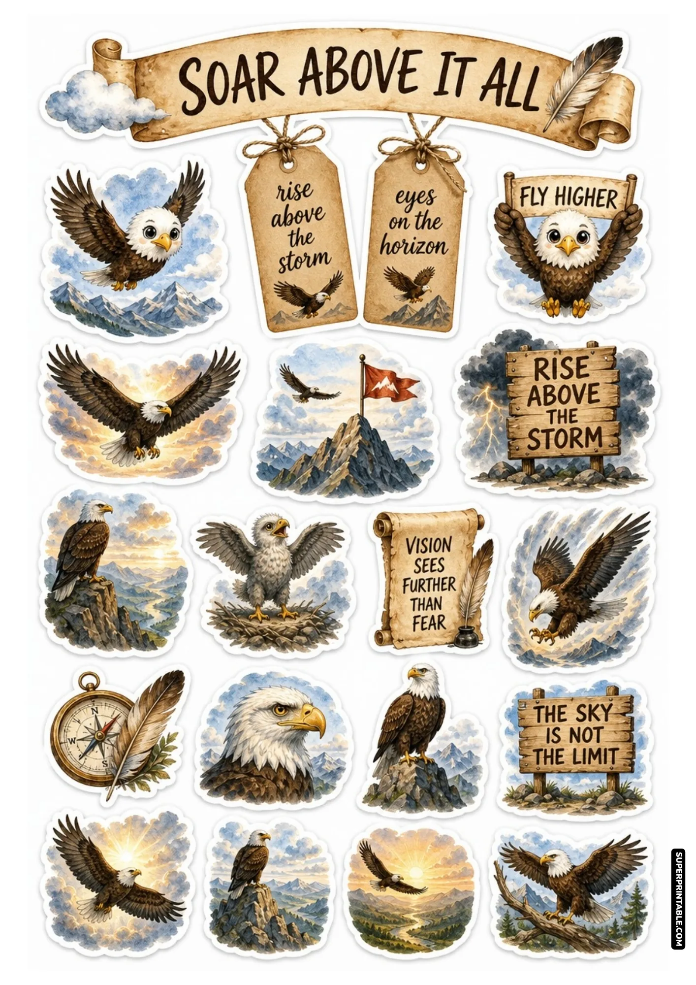 Soaring bald eagle strong animals sticker sheets featuring mountain peaks and uplifting quote banners