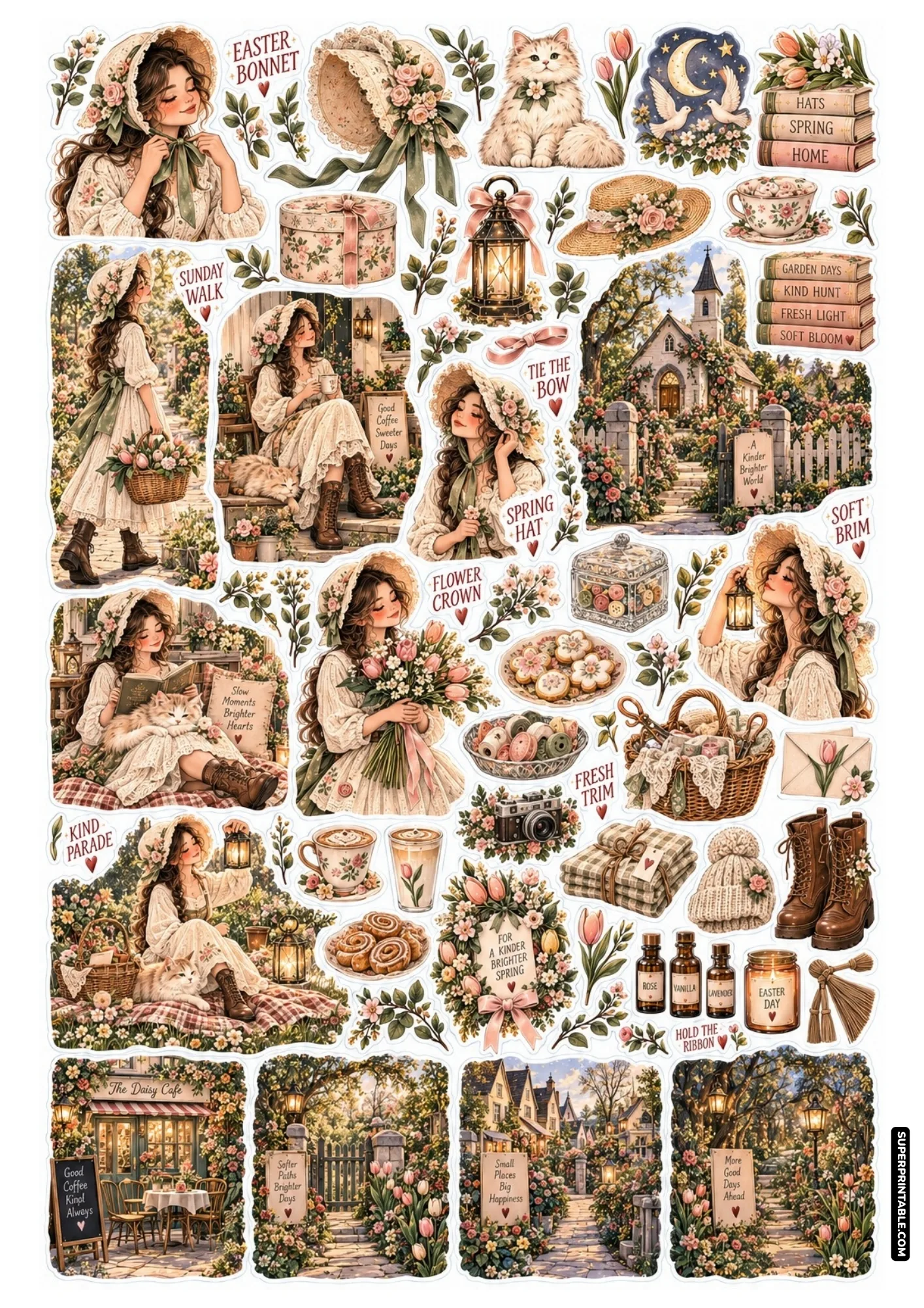 Vintage Easter bonnet sticker sheet featuring lace ribbons, floral wreaths, cats, and spring walks.