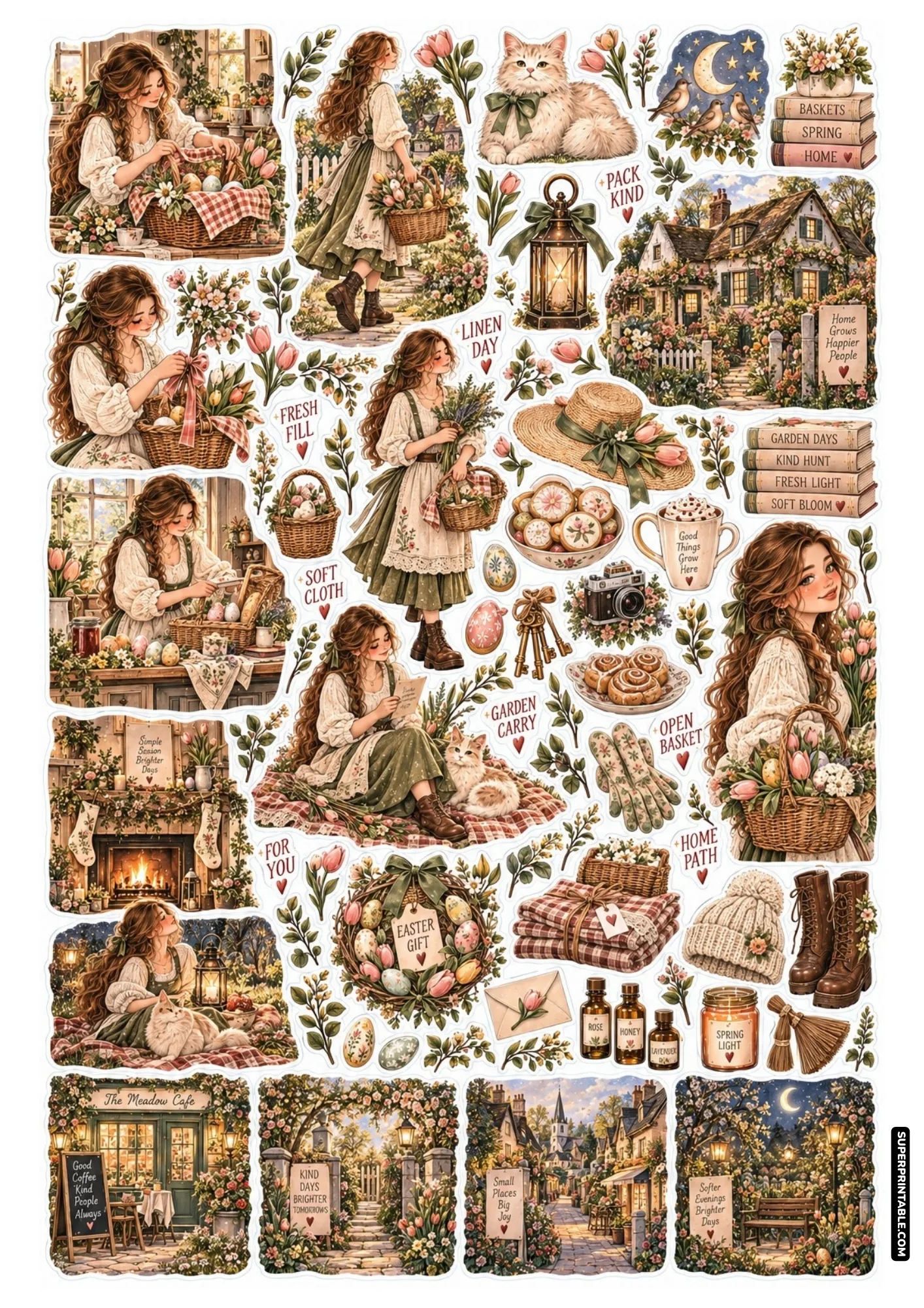 Whimsical cottagecore Easter stickers with egg gift baskets, blooming gardens, and fluffy cats.