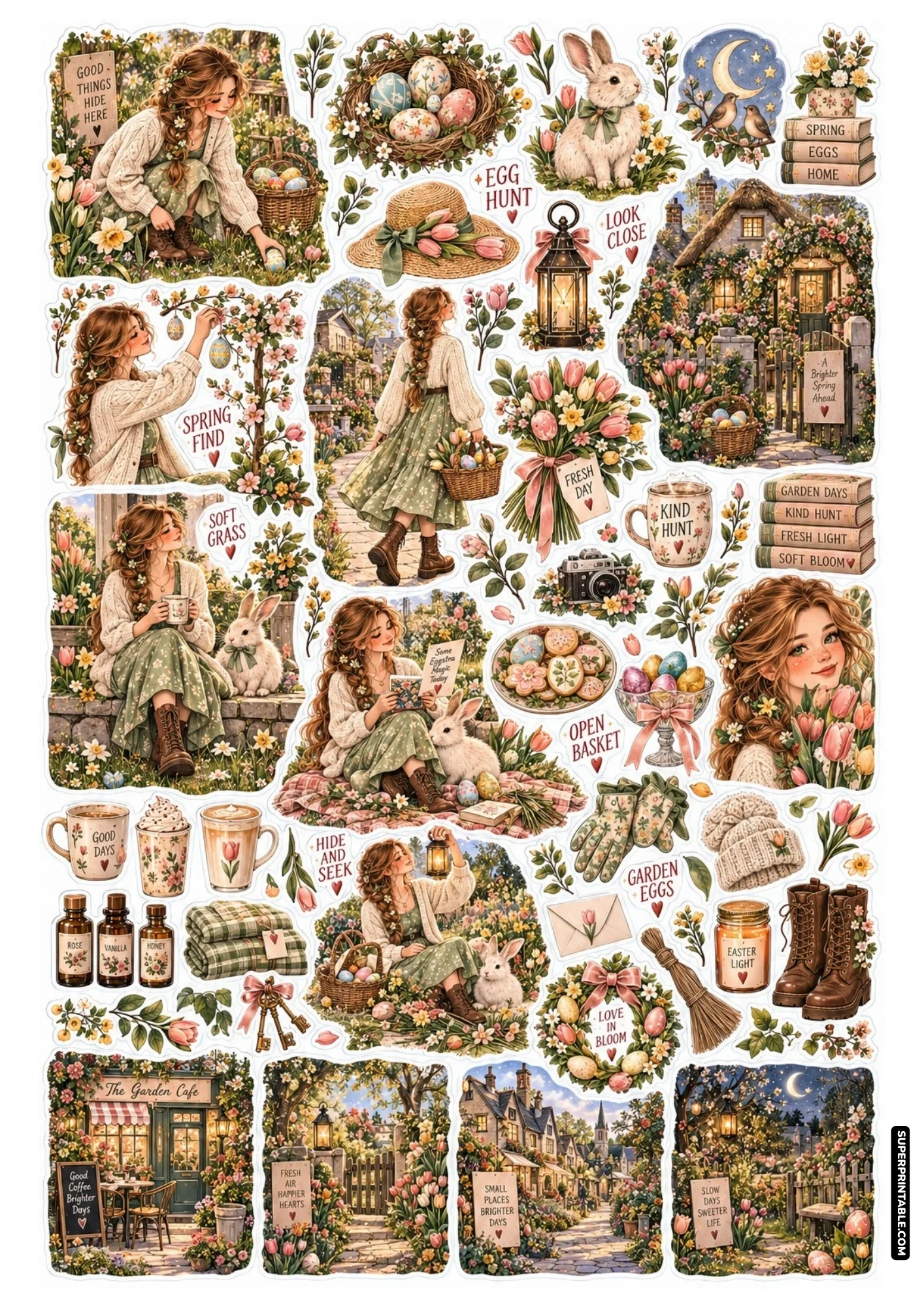 Cozy easter garden sticker sheets with egg hunts, cottage gardens, sweet bunnies, and pastel blooms.