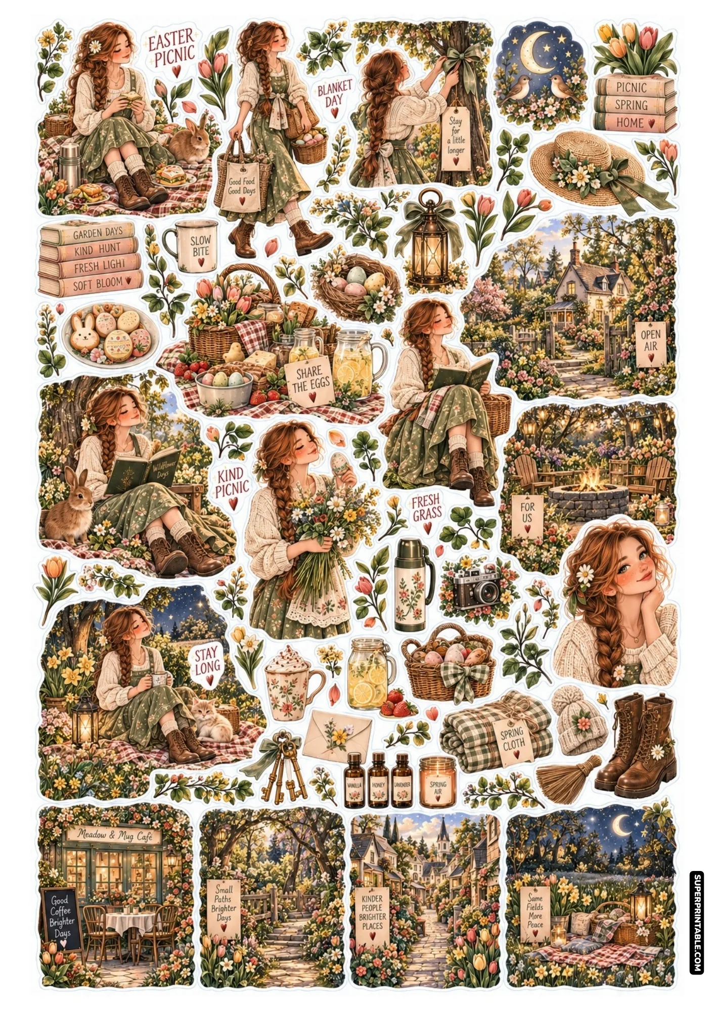 Festive easter garden sticker sheets with sunny picnic feasts, dyed eggs, lemonade, and cute bunnies.
