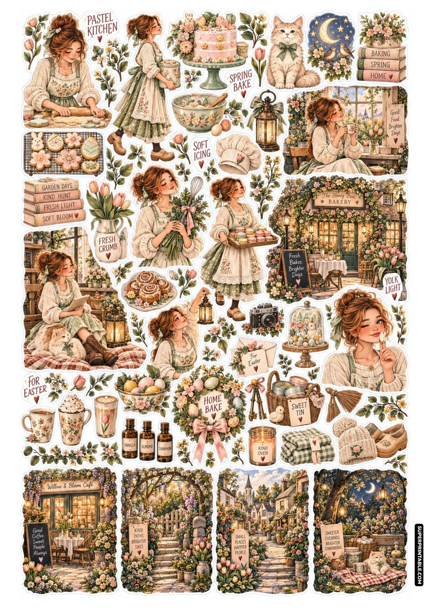 Pastel Easter bakery stickers featuring frosted tiered cakes, sweet macarons, cookies, and tea.