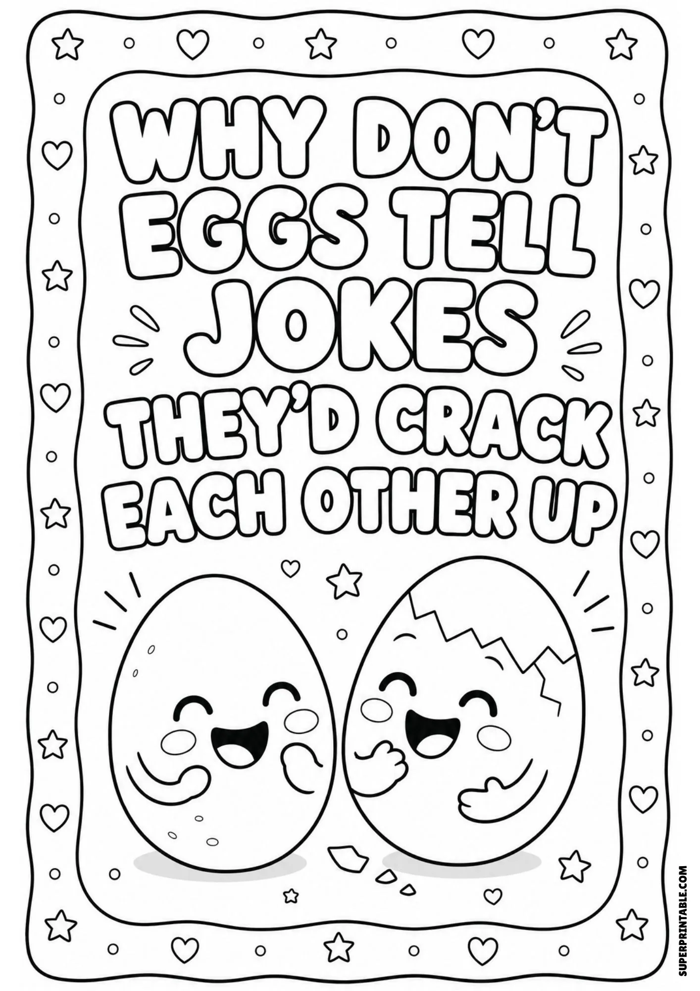 funny jokes and riddles coloring pages featuring two laughing cartoon eggs cracking each other up