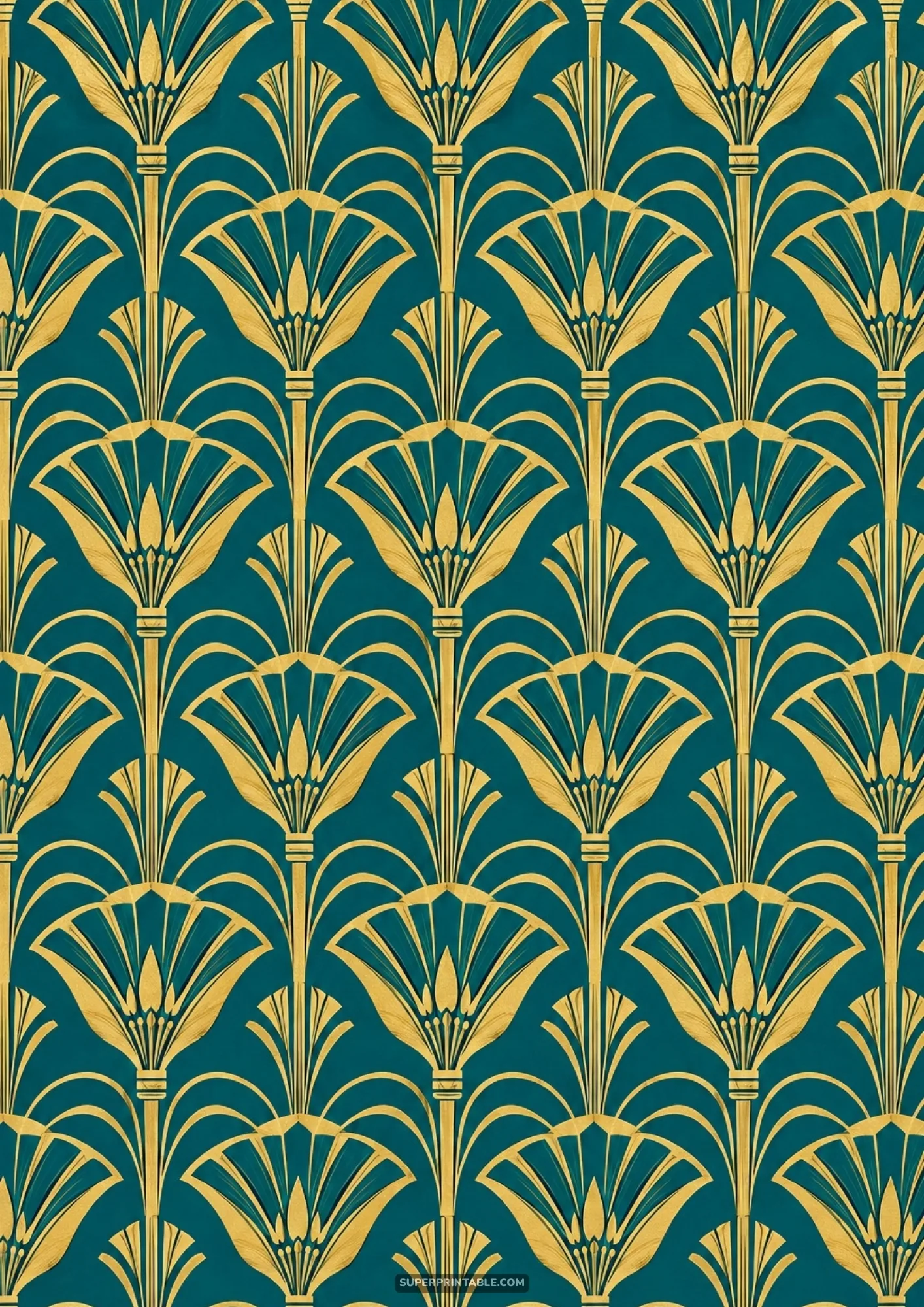 Egyptian Revival gold lotus and papyrus fan pattern on dark teal textured paper