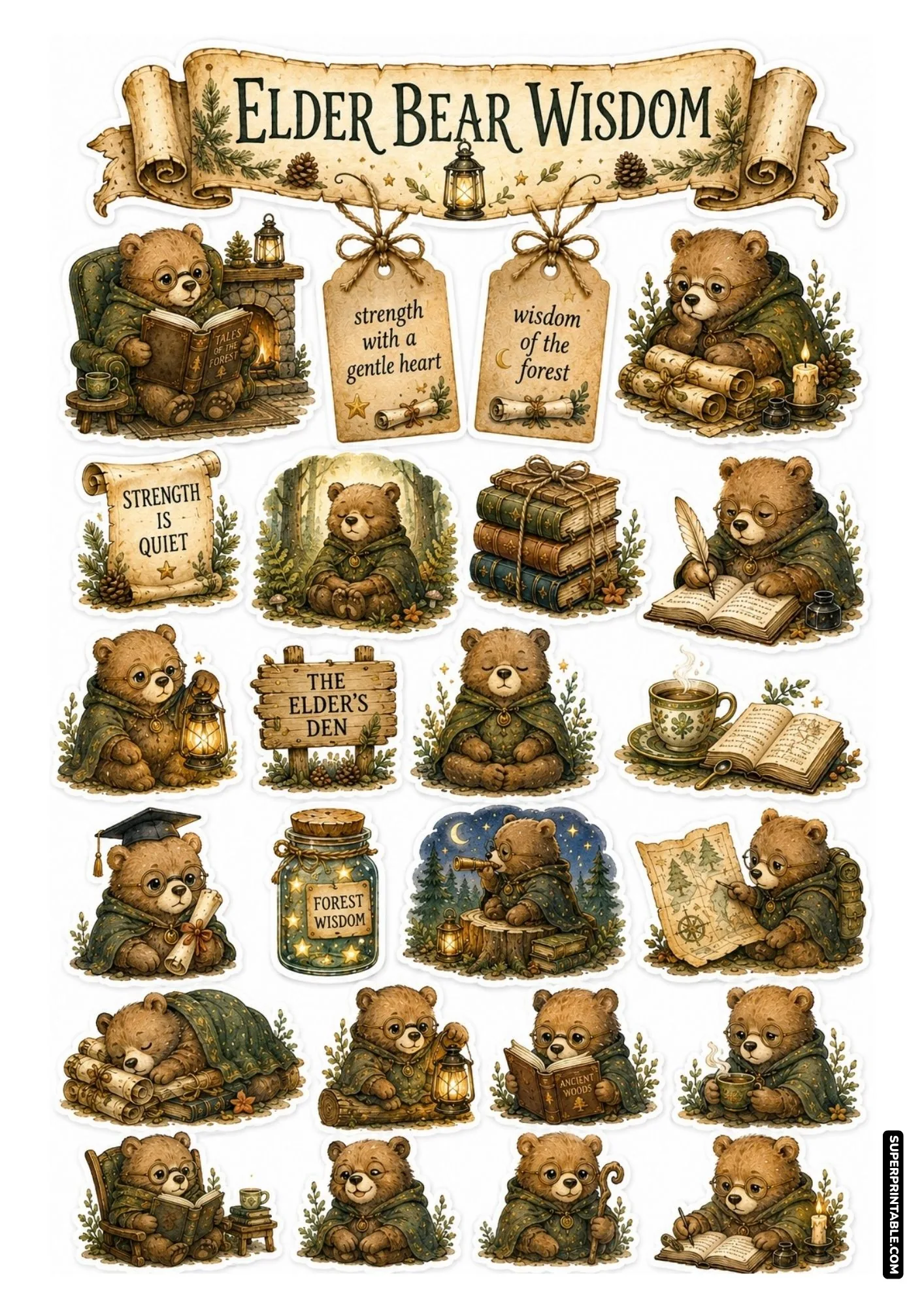Printable sticker collection featuring wise old bears in hooded cloaks reading books and holding lanterns.