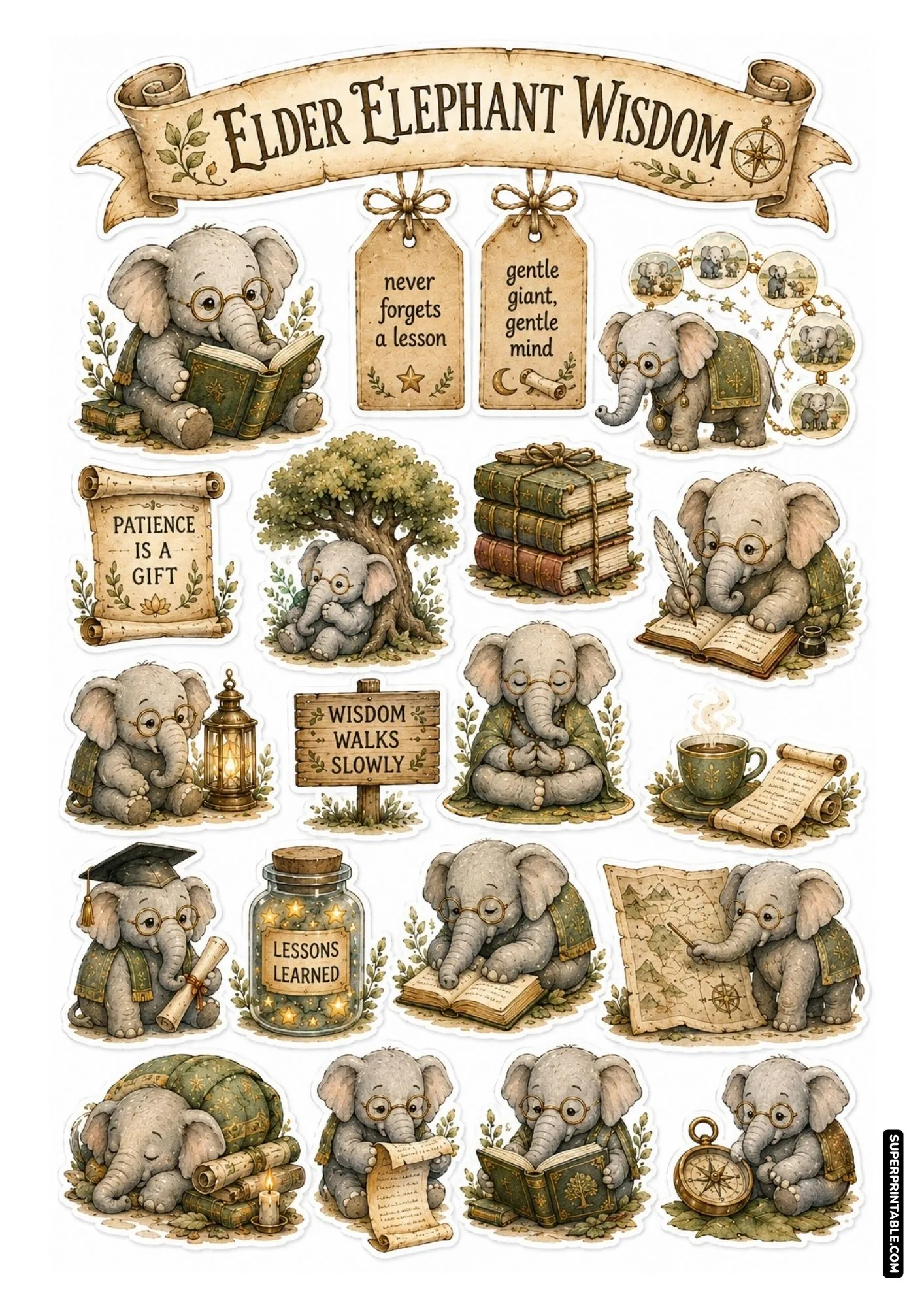 Scholarly grey elephant sticker sheet with vintage parchment scrolls, books, map, and glowing star jar.