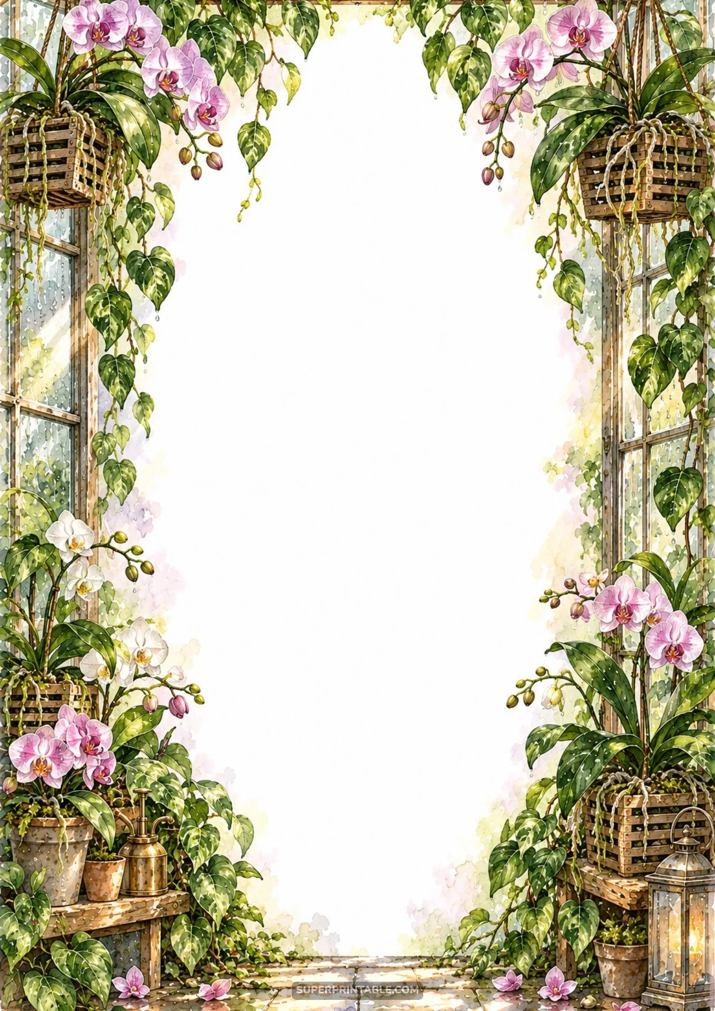 Blooming pink and white orchids in hanging wooden baskets by conservatory windows