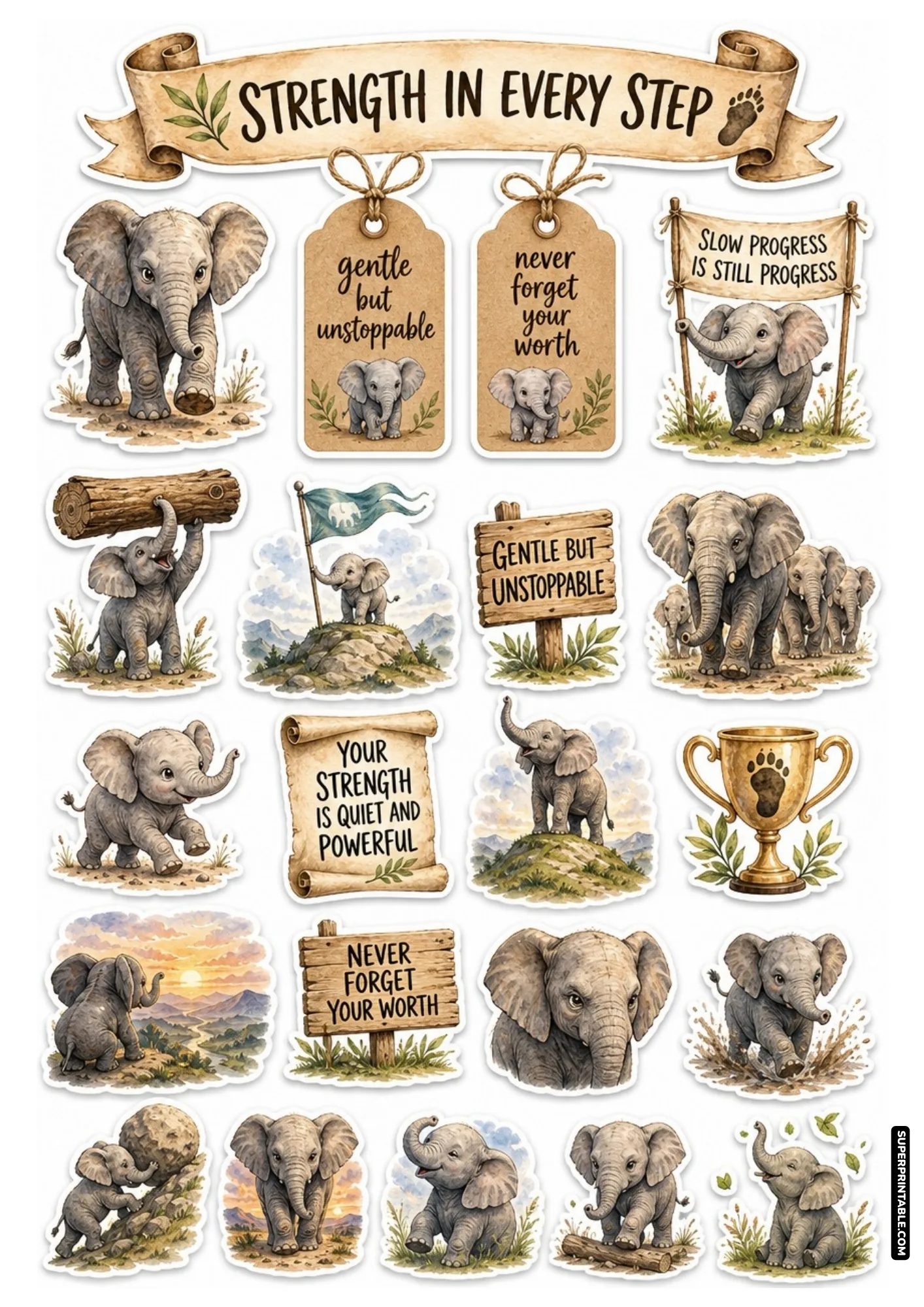 Gentle giant elephant sticker sheet with inspiring quotes and watercolor safari savannah landscape decals