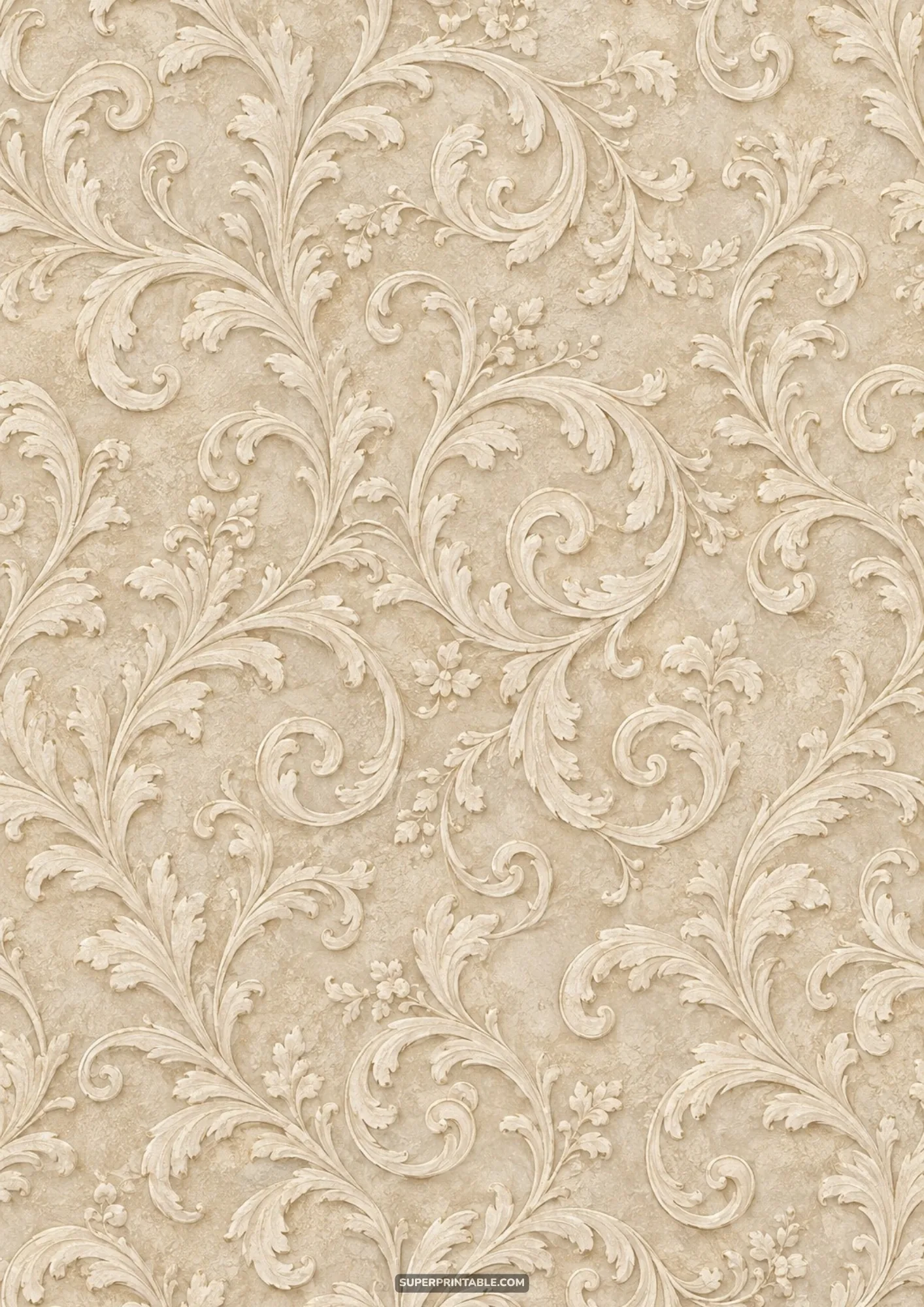 Sculpted Rococo acanthus foliage relief with subtle shadowing on textured champagne plaster
