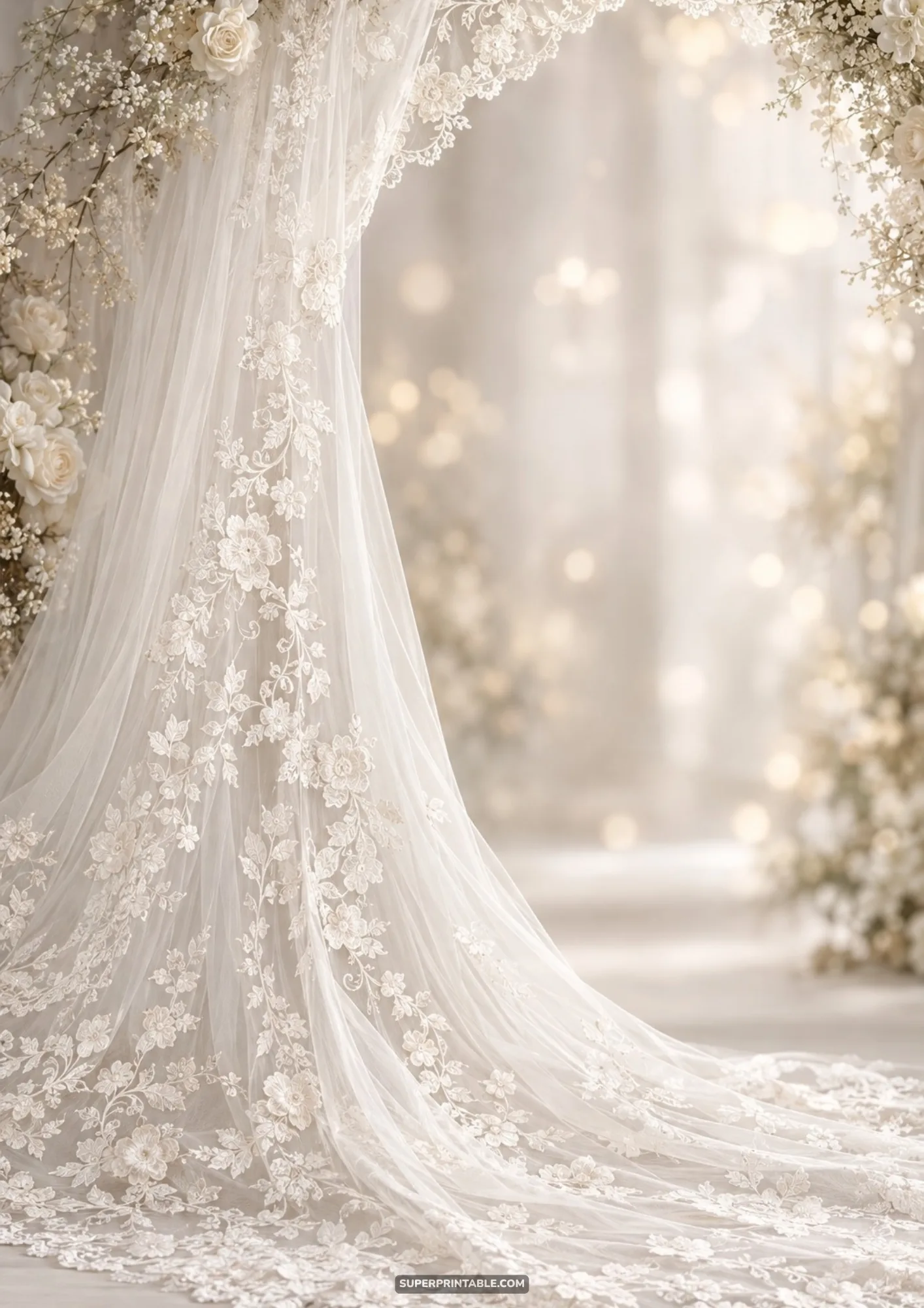 Delicate floral lace wedding bridal veil cascading over a soft bokeh background and floral arch