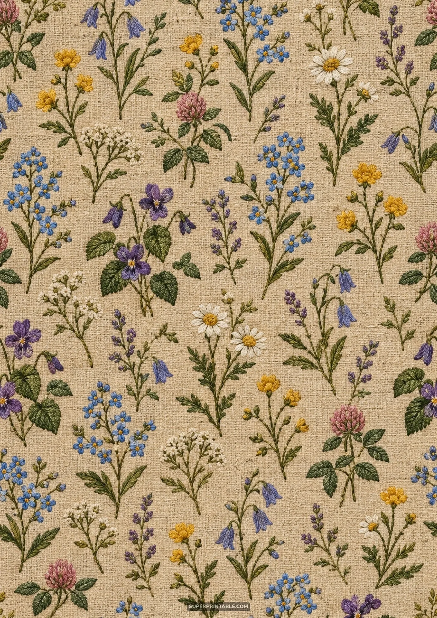 Detailed embroidered wildflowers including bluebells and daisies on coarse beige linen fabric