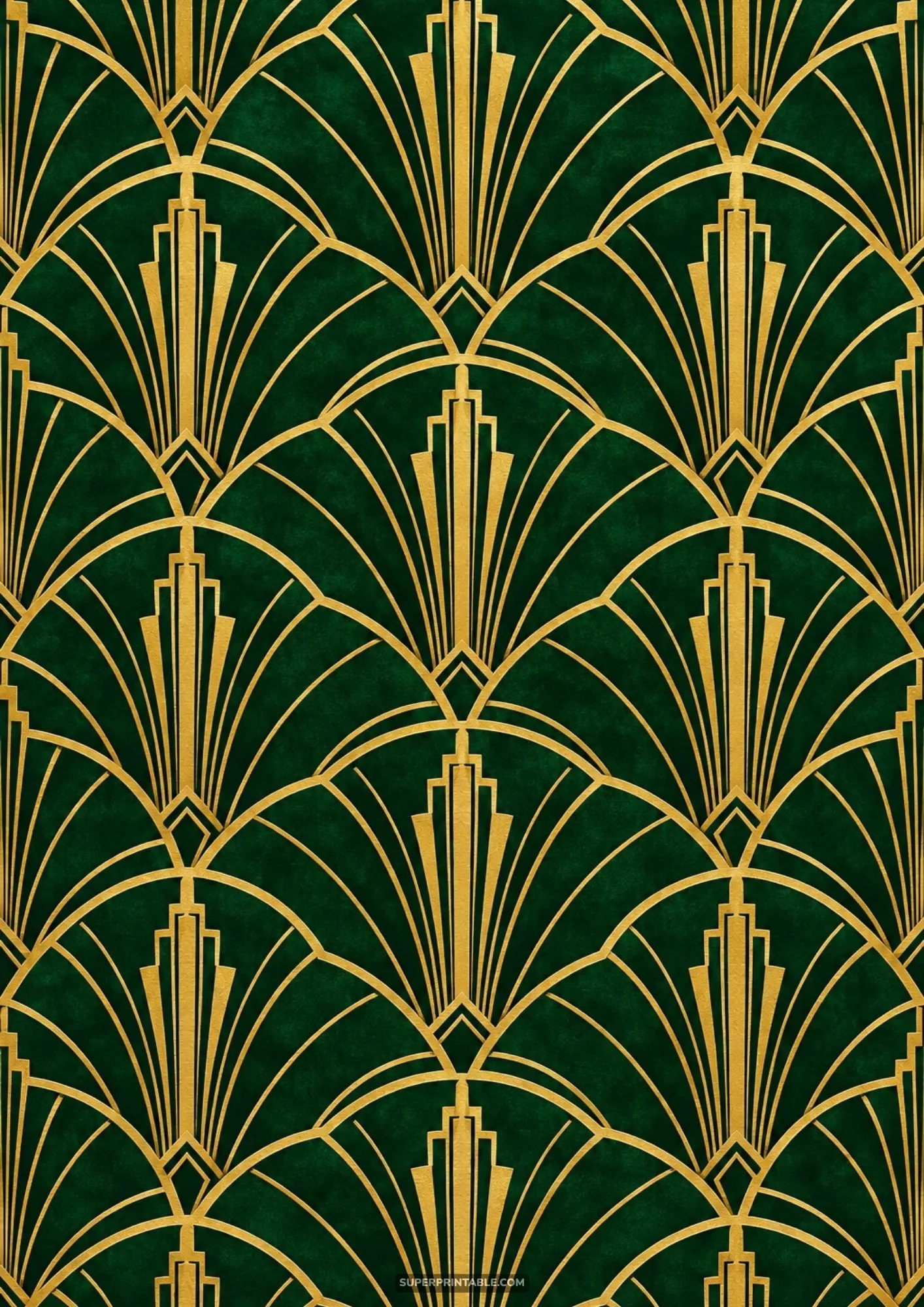 Ornate art deco glamour backgrounds showcasing golden skyscraper arches on dark emerald green