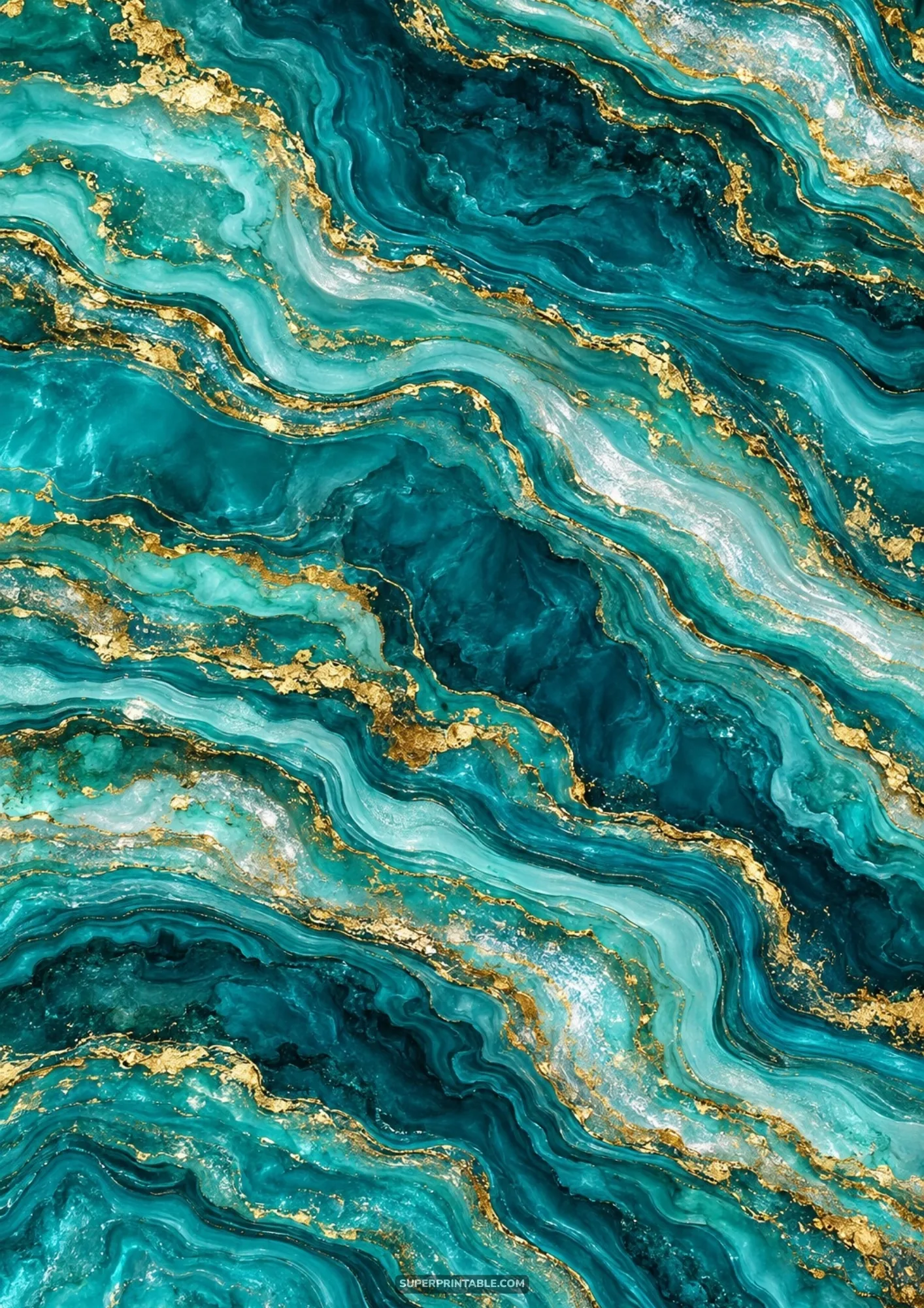 Luxury marbled agate backgrounds displaying swirling turquoise mineral waves and metallic gold veins