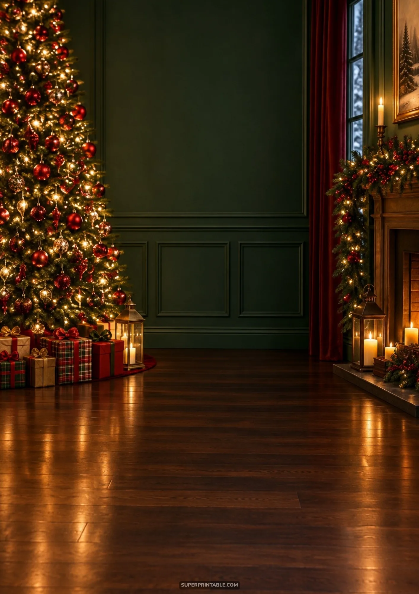Cozy holiday room with emerald green walls, glowing Christmas tree, and fireplace