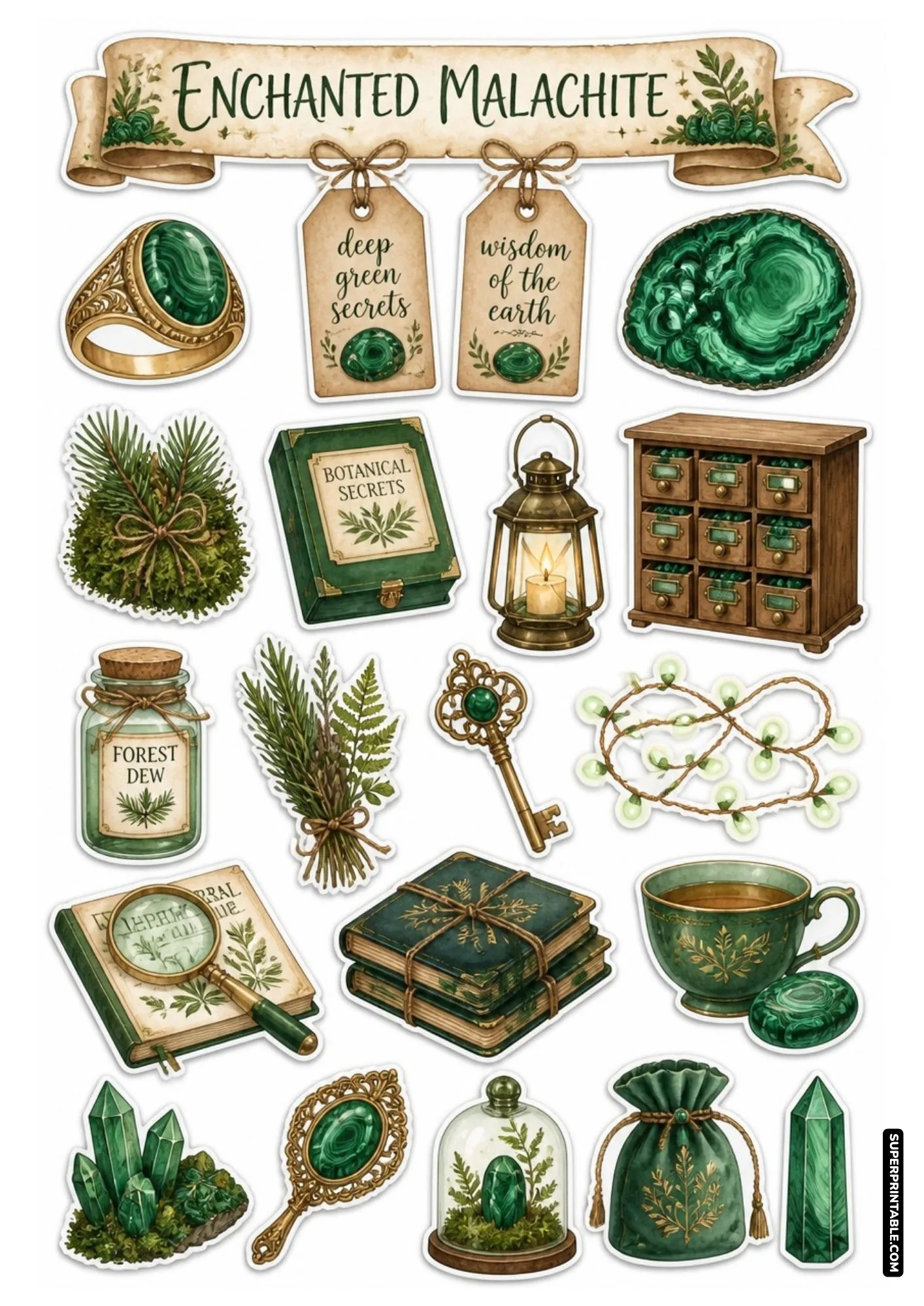 Banded green malachite stone, apothecary cabinet, fern leaves, and antique green books sticker sheet.