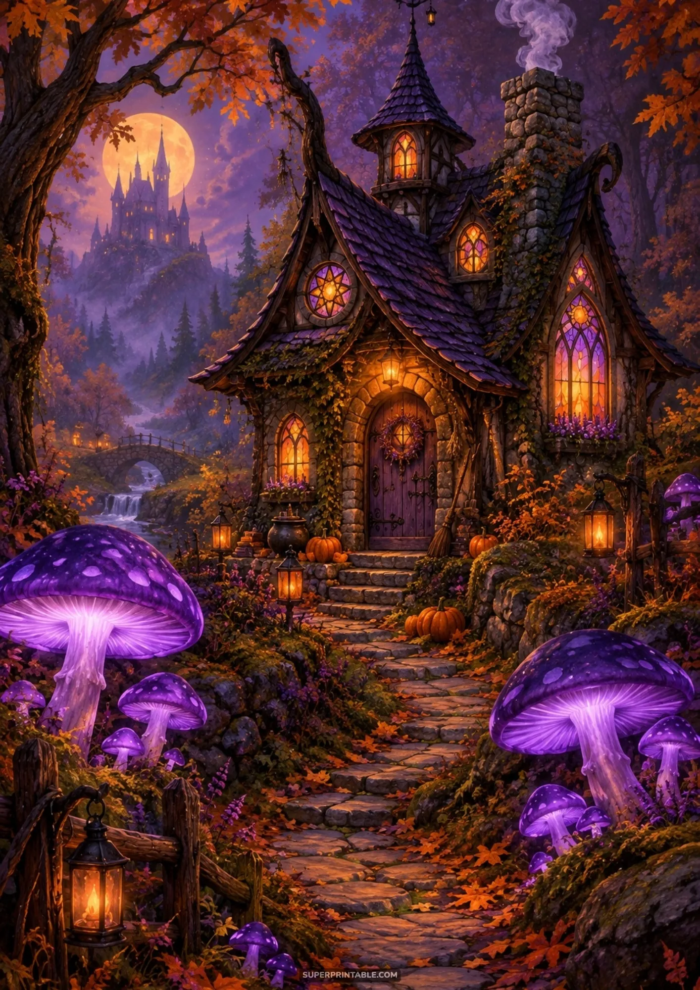 Whimsical fantasy witch cottage in autumn woods with giant glowing purple mushrooms and carved pumpkins