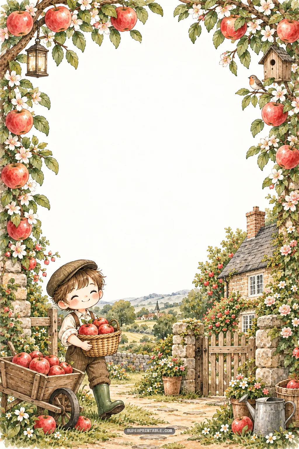 Boy pushing a wooden wheelbarrow laden with fresh apples in an English garden