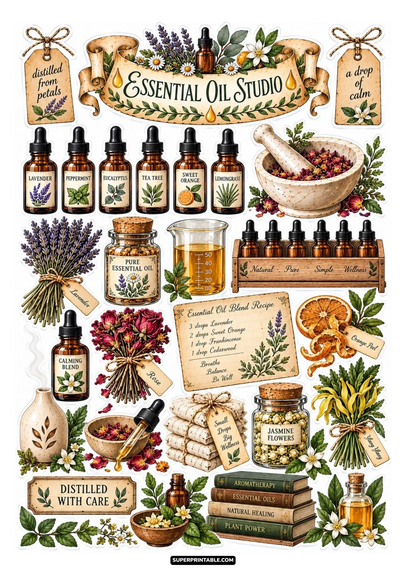 Essential oil studio printable stickers featuring amber dropper bottles and recipe cards.