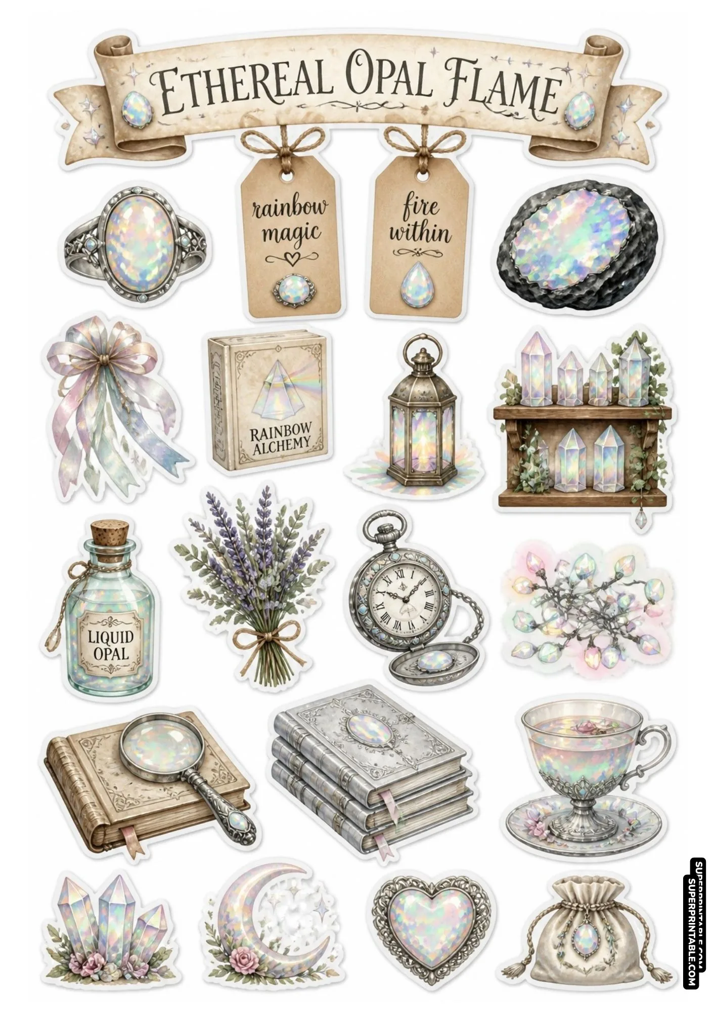 Shimmering rainbow opal crystals, silver books, and iridescent teacup on printable sticker sheet.