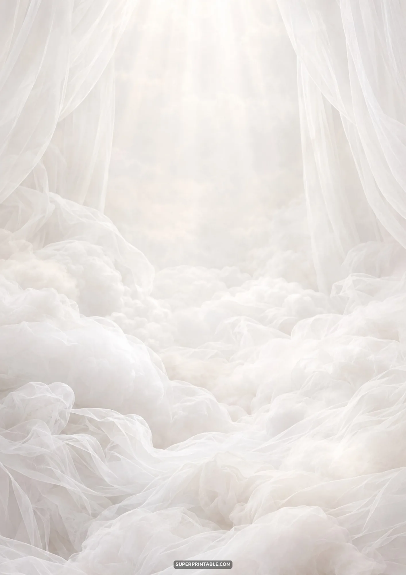 Translucent white silk organza billowing like soft clouds under gentle overhead diffused light