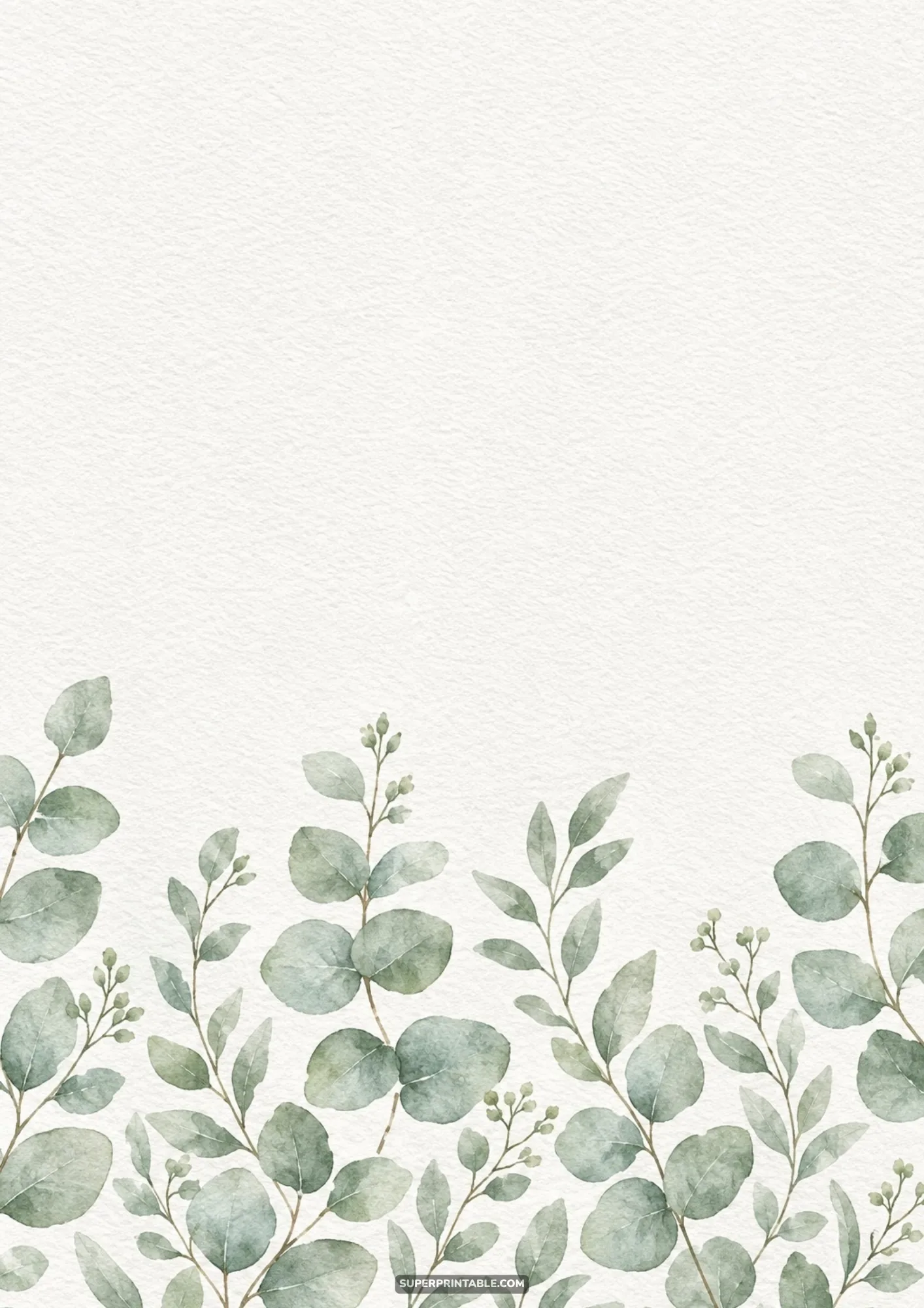 Watercolor eucalyptus leafy border growing upward along the bottom of an ivory paper sheet
