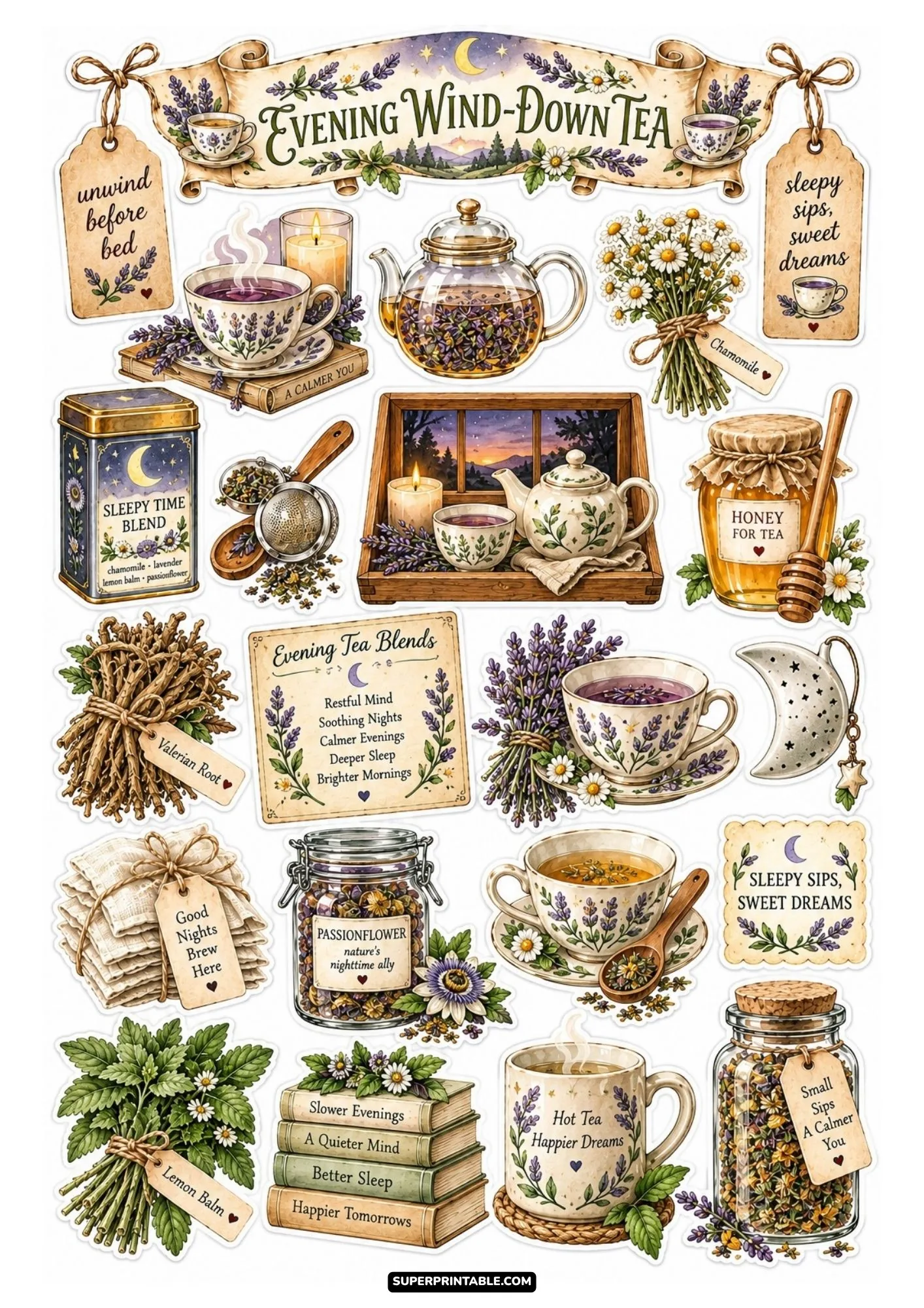 Evening wind-down tea sticker sheet with chamomile, valerian root, passionflower jar, and moon infuser art.