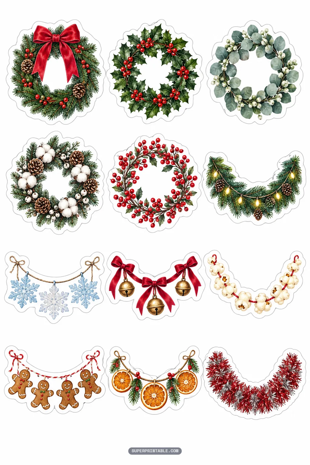 Botanical holiday wreaths and festive garland stickers made of pinecones holly berries and ribbons