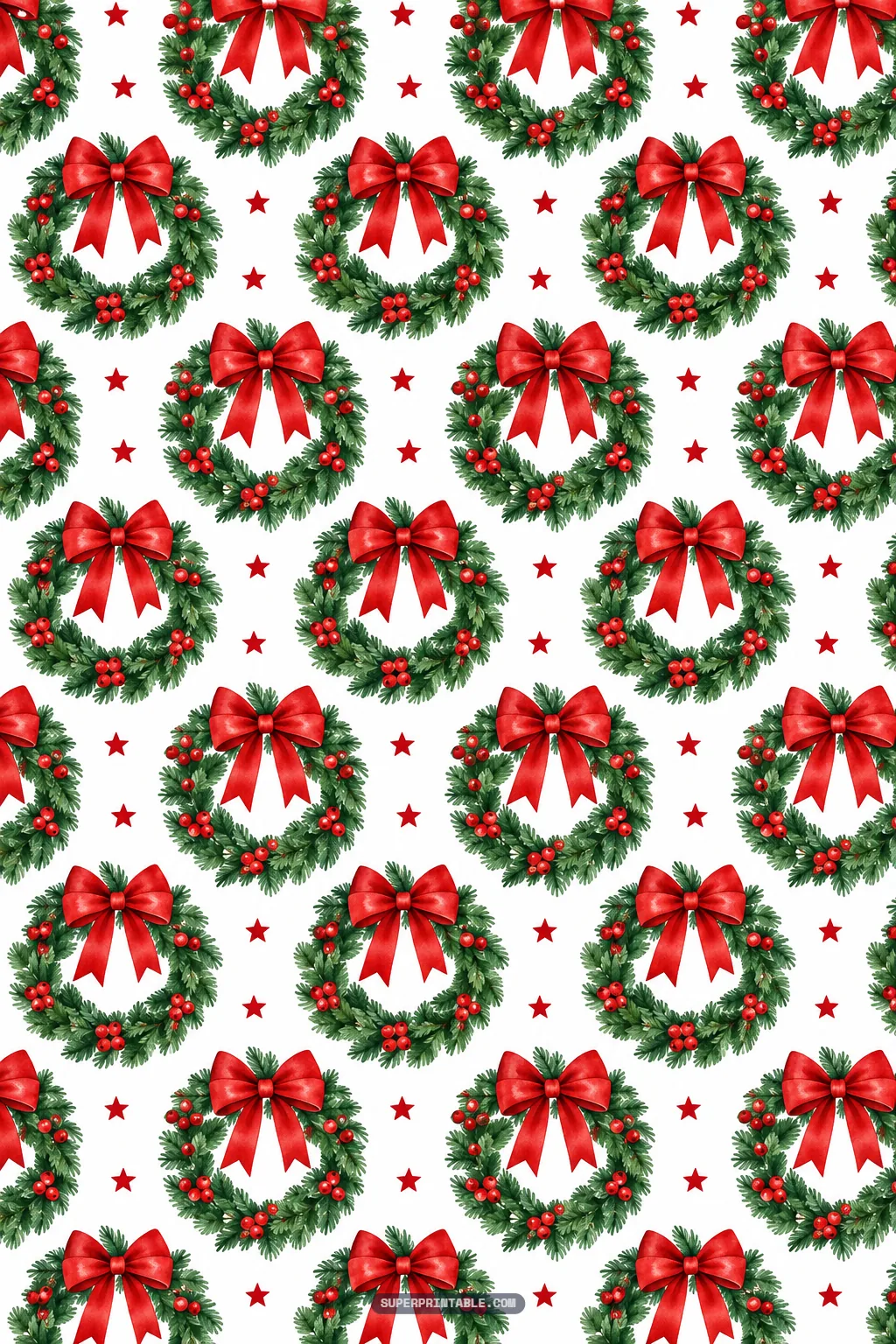 Circular evergreen pine wreaths accented with bright red berry clusters and large crimson satin bows