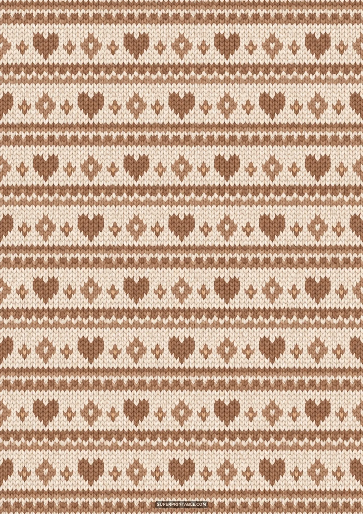 Cozy knitted sweater pattern with fair isle hearts and diamonds in soft neutral brown