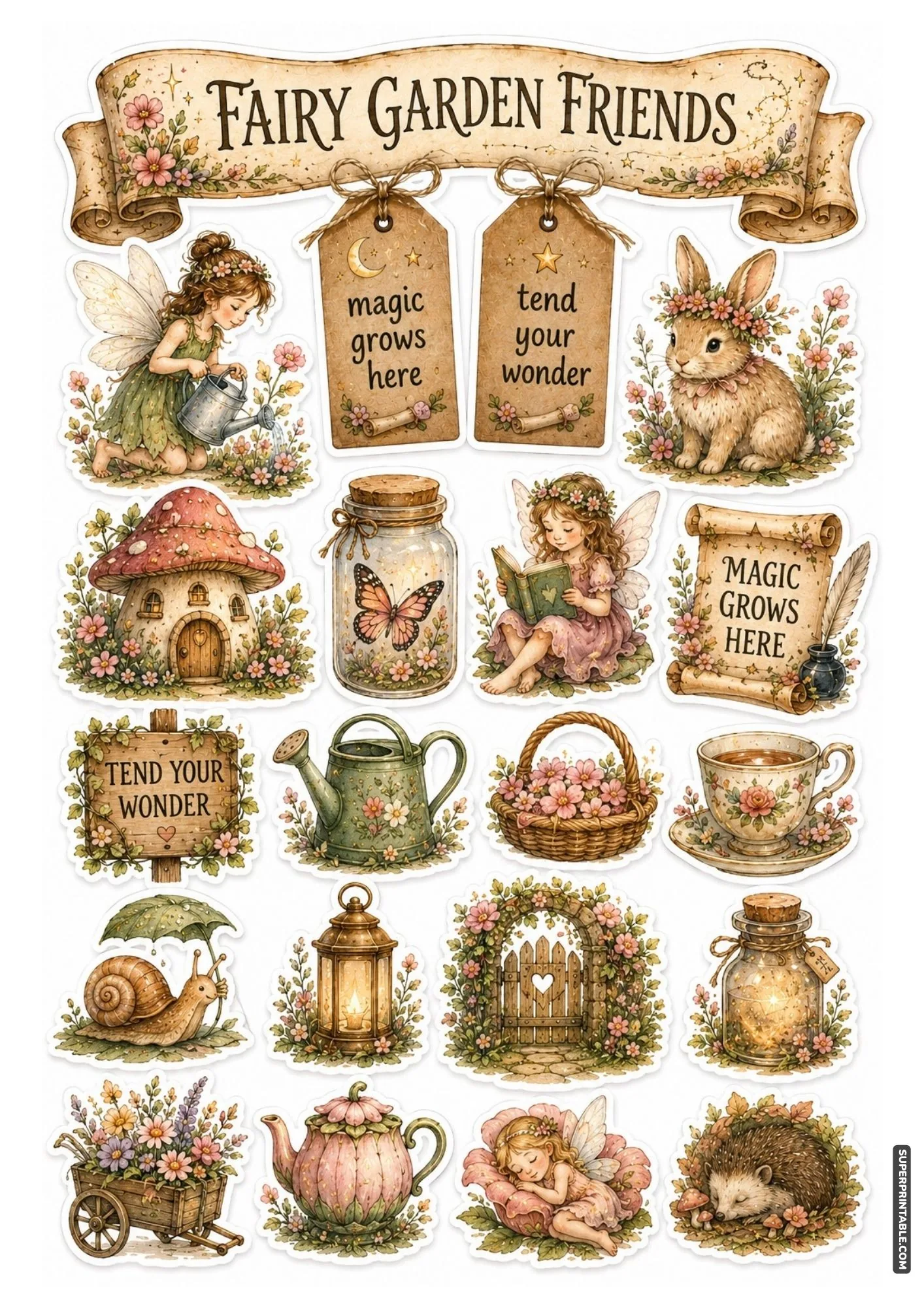 Charming fairy garden sticker sheet with mushroom cottages and sleeping fairies.