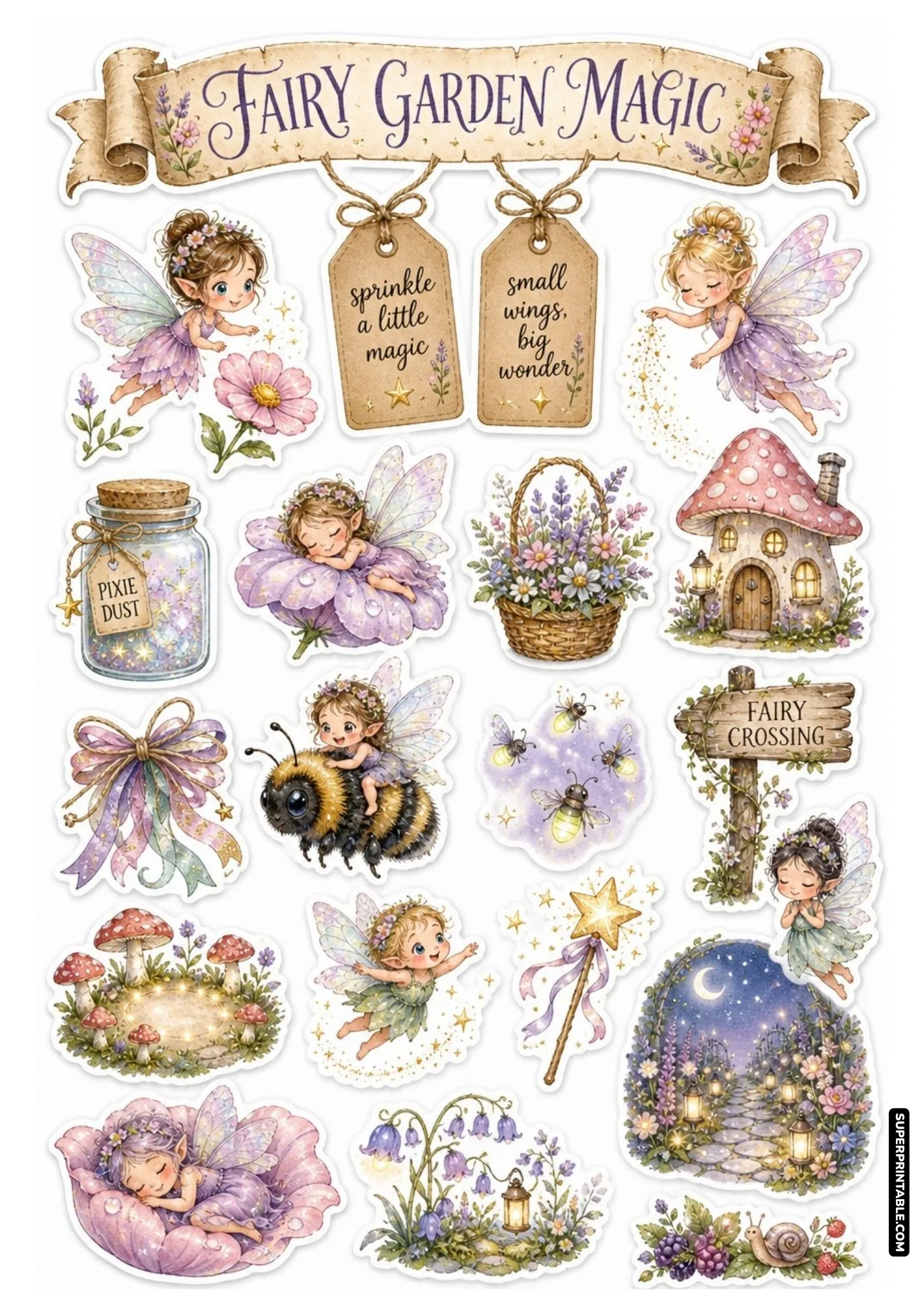 Enchanted fairy garden sticker sheet with pixie dust jars, mushroom houses, cute bumblebees, and star wands.