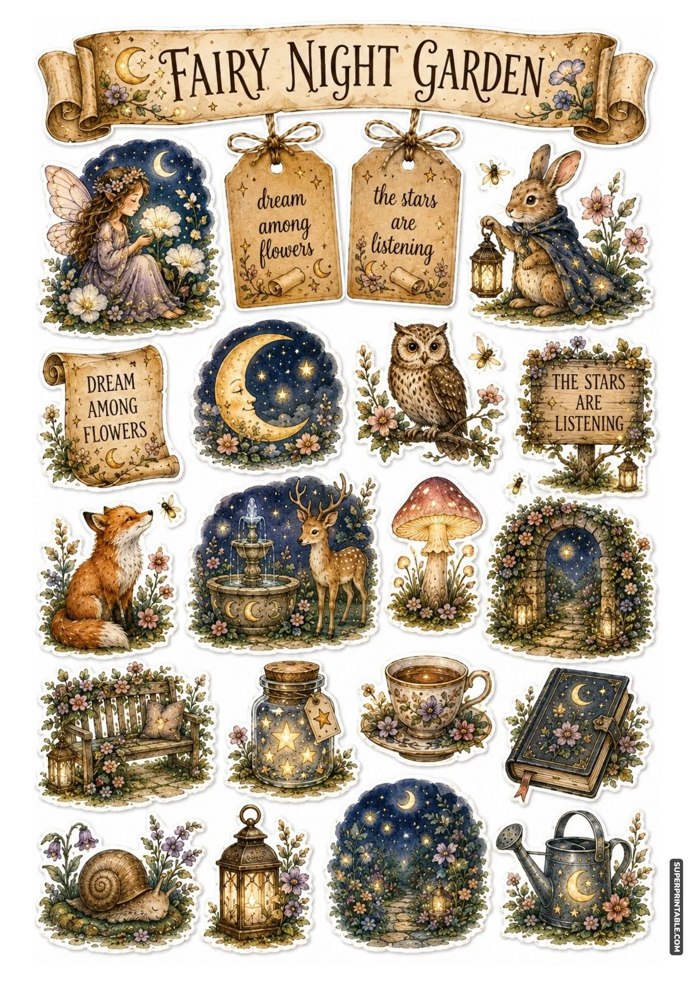 Enchanting night garden sticker sheet with crescent moons and glowing lanterns.