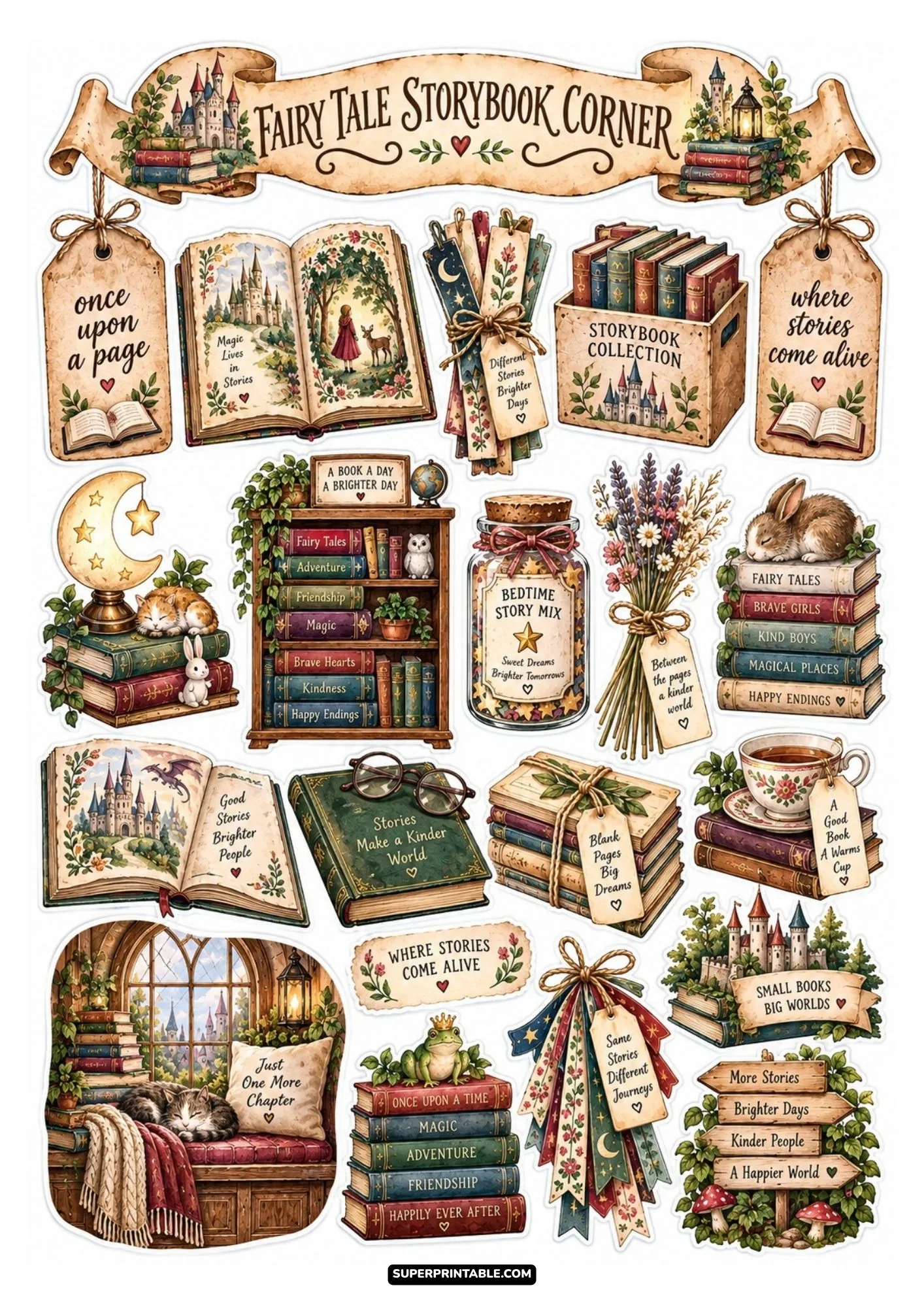 Fairy tale storybook sticker sheet with open castle books, whimsical bunnies, and magical window nooks.