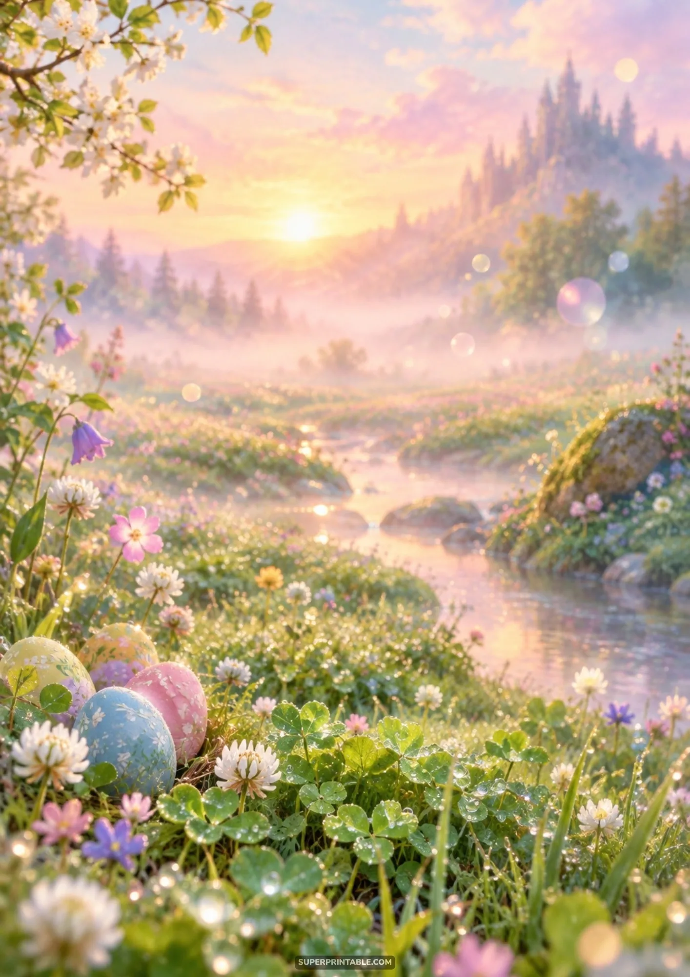 Whimsical clover meadow with gentle stream and decorated eggs in morning sunrise